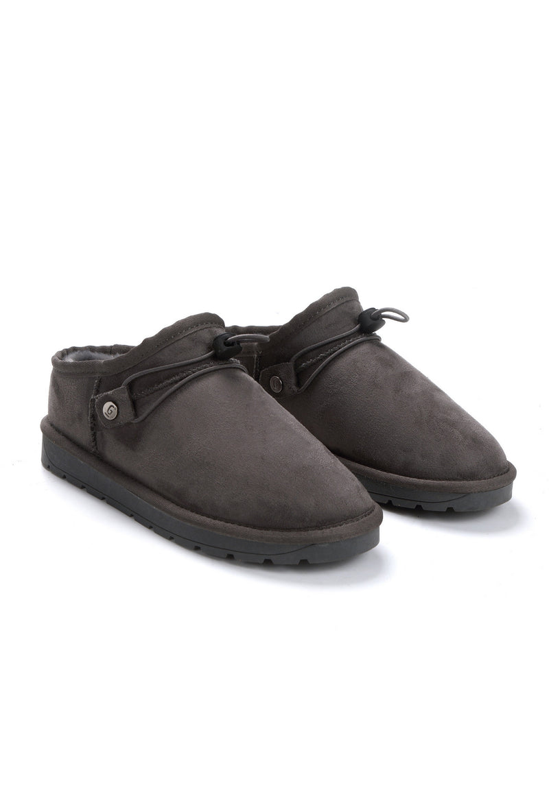 Paire de bottines fourrées Eblis anthracite de trois-quarts face, patte à bouton métal