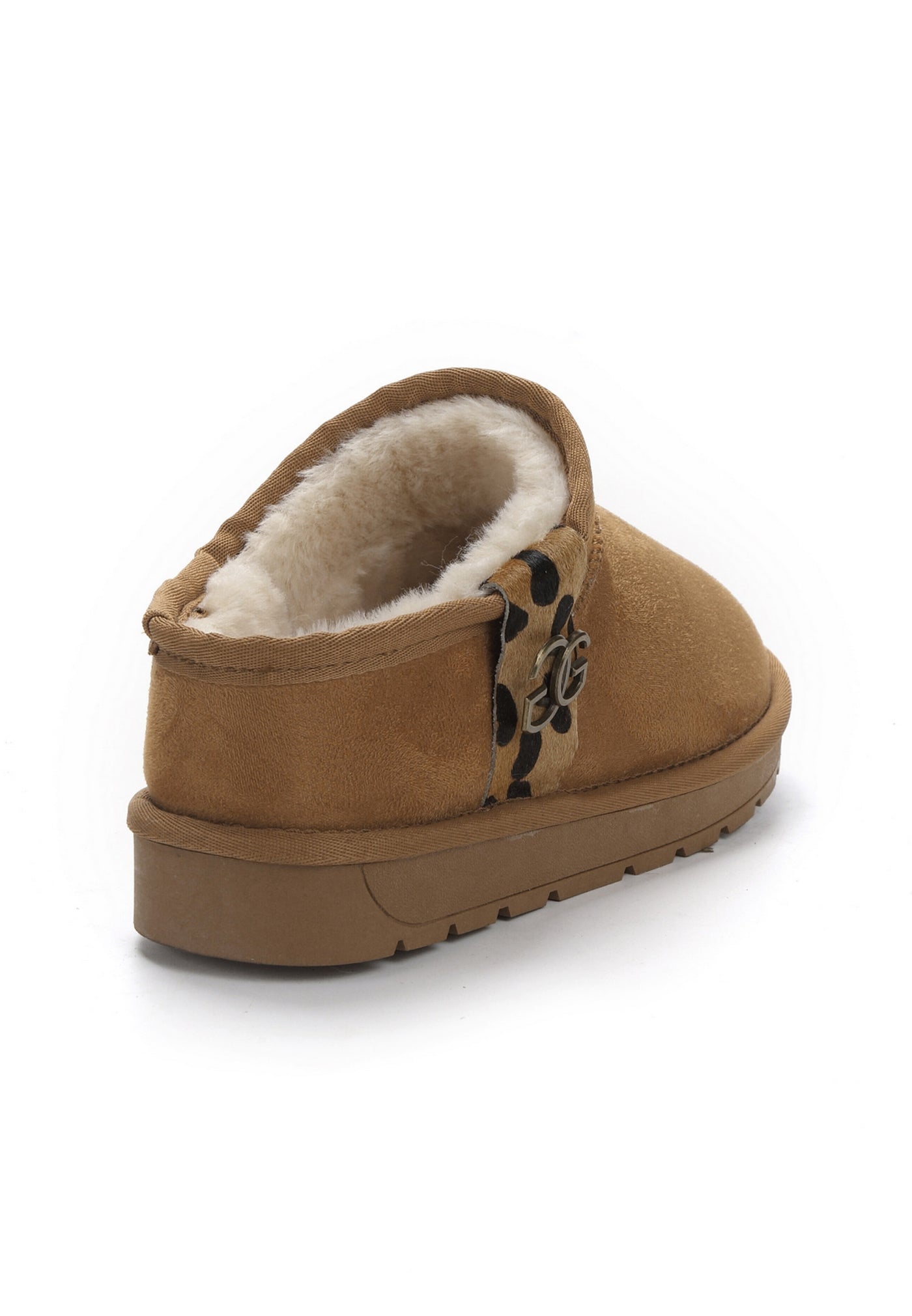 Bottine fourrée Mini Edila camel de trois-quarts arrière, intérieur crème visible