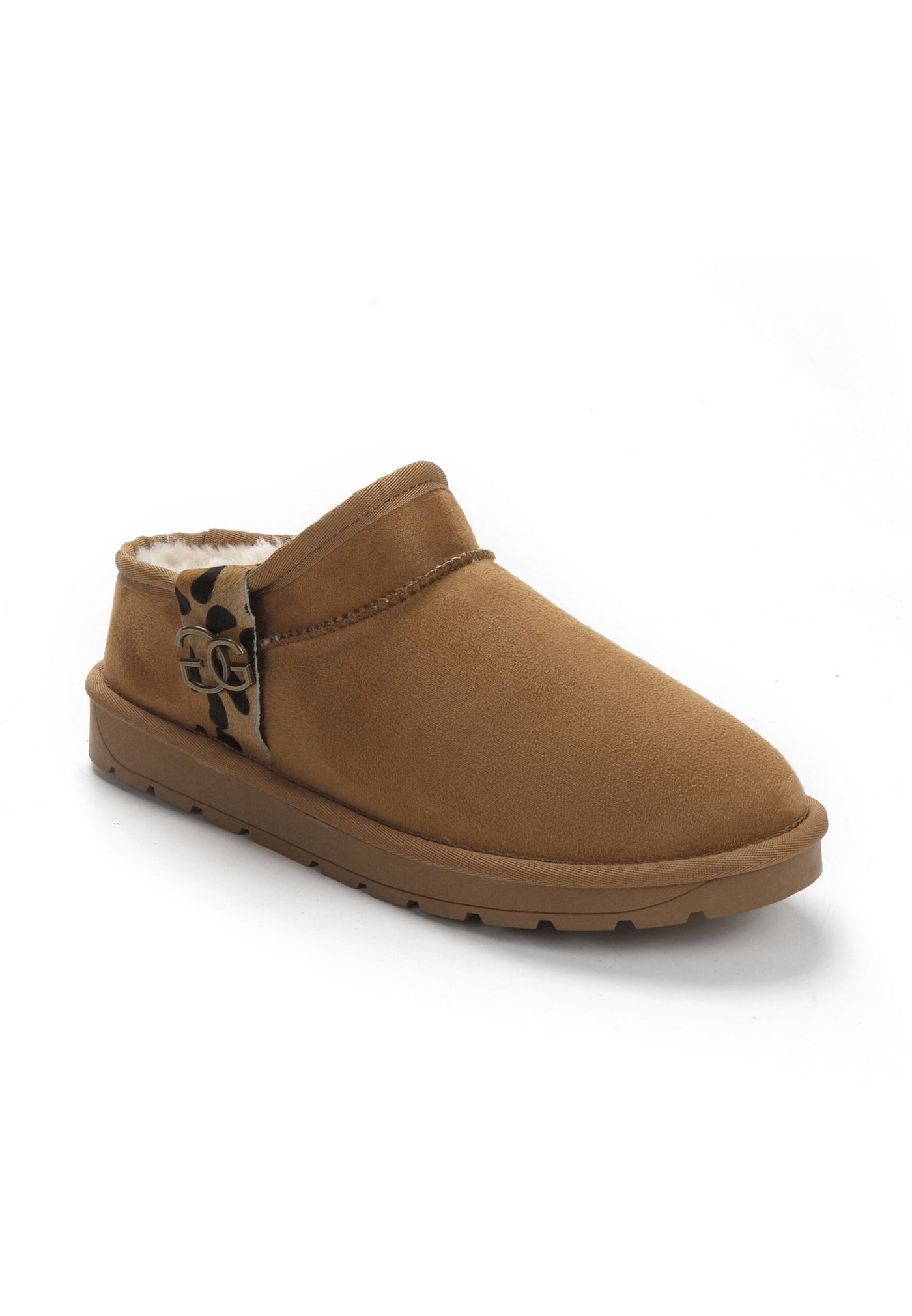 Bottine fourrée Mini Edila camel de trois-quarts avant, bout rond et col surpiqué