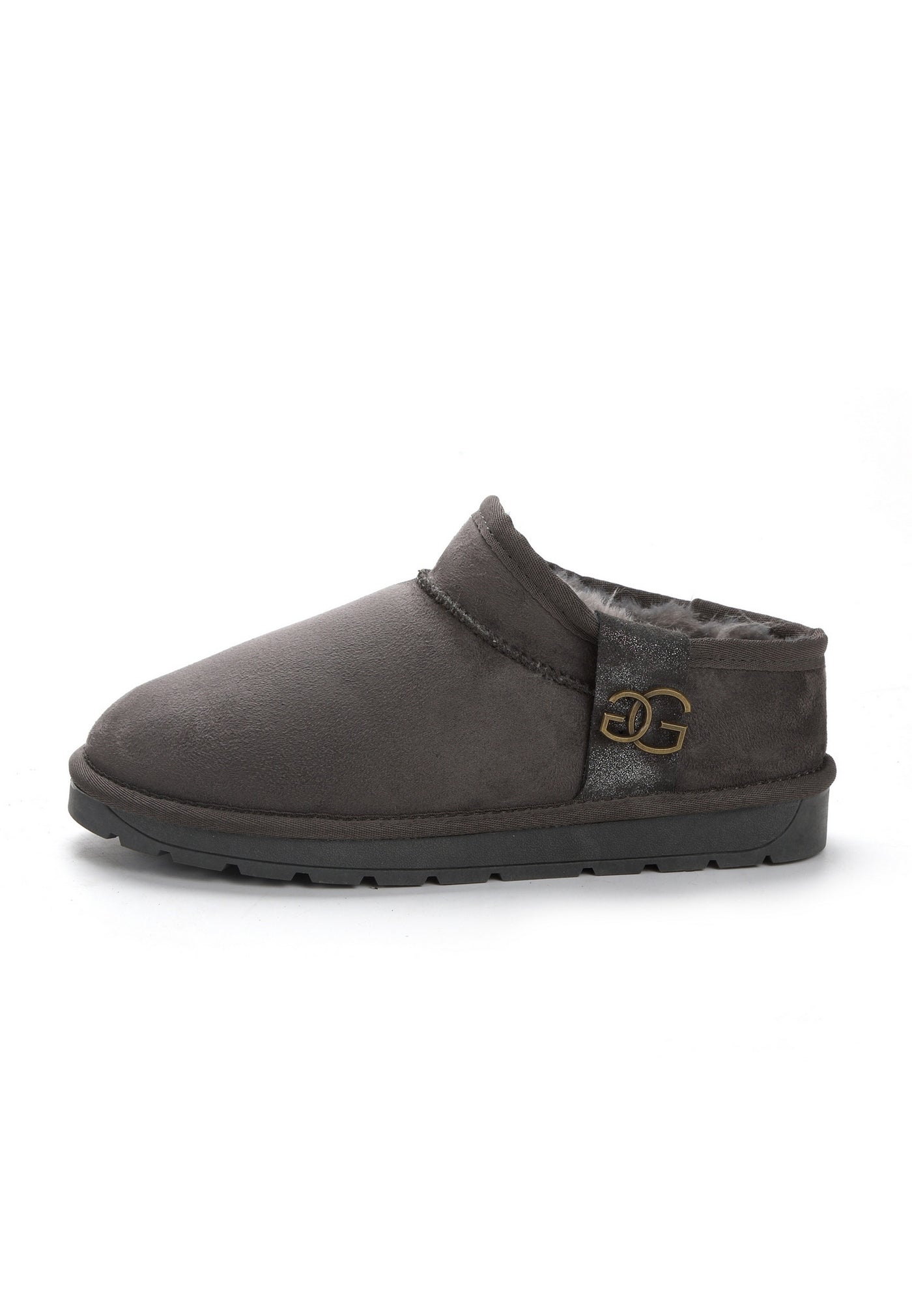 Bottine fourrée Edila anthracite de profil, empiècement pailleté et monogramme doré