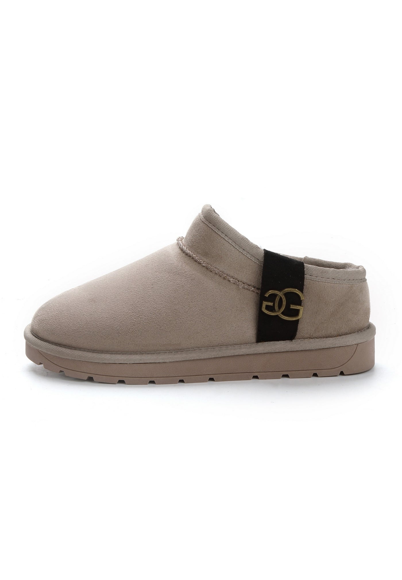 Bottine fourrée Mini Edila naturel de profil, boucle bronze sur la bande noire