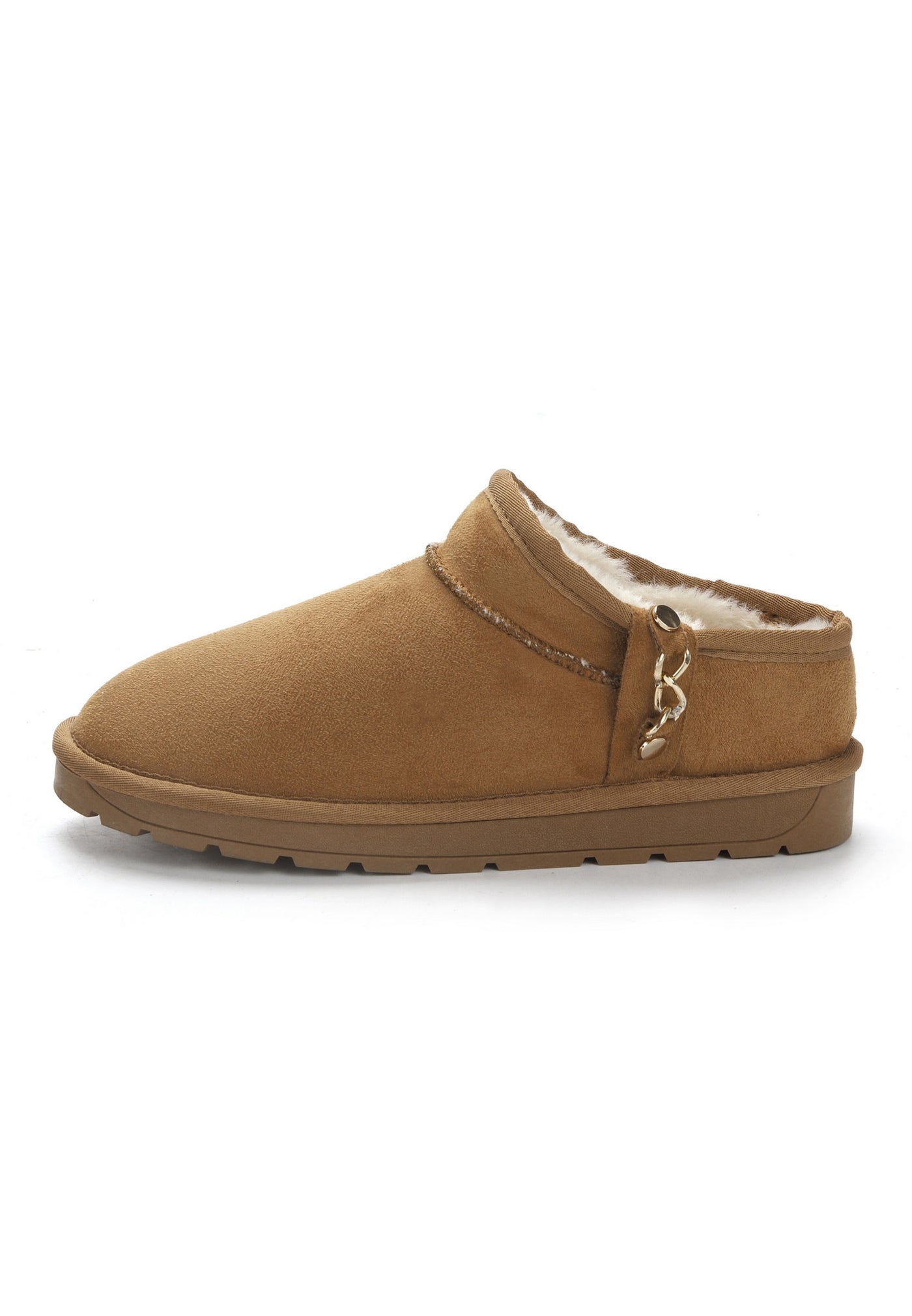 Bottine fourrée Mini Ediala camel de profil, tige basse et semelle camel crantée