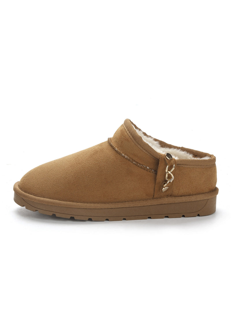 Bottine fourrée Mini Ediala camel de profil, tige basse et semelle camel crantée