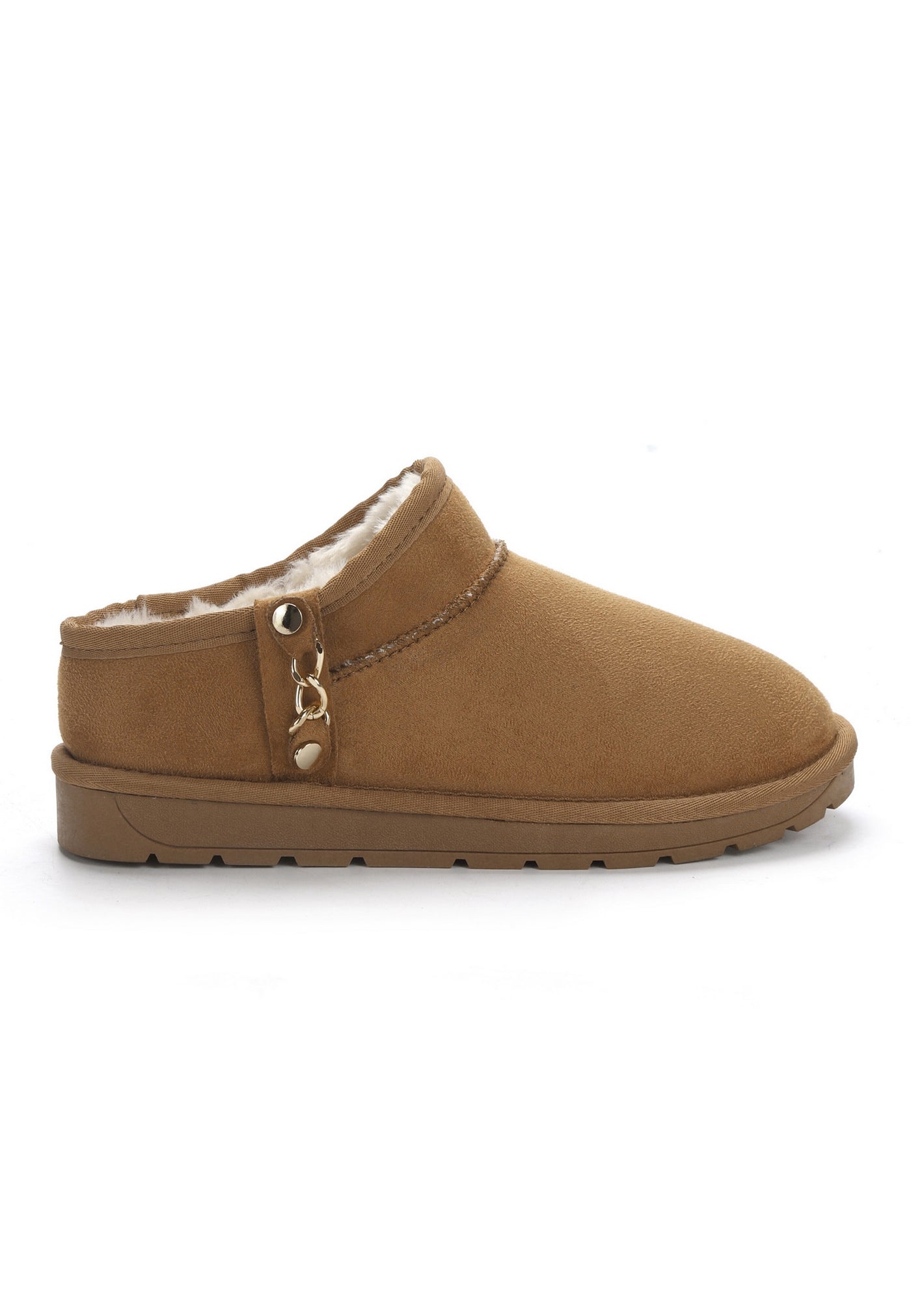 Bottine fourrée Mini Ediala camel vue de l'autre côté, rivet doré sur le quartier