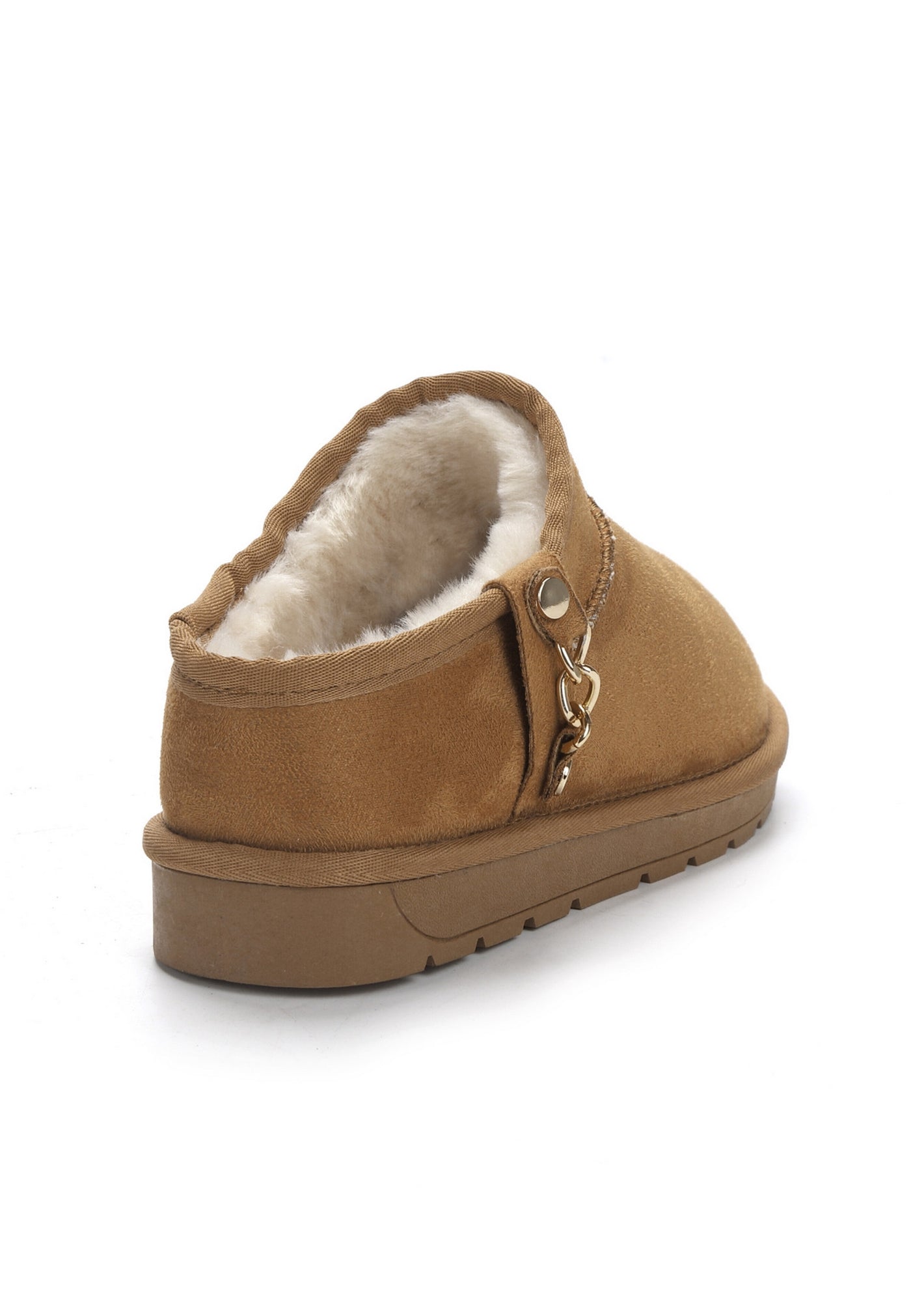 Bottine fourrée Mini Ediala camel de trois-quarts arrière, doublure crème au col