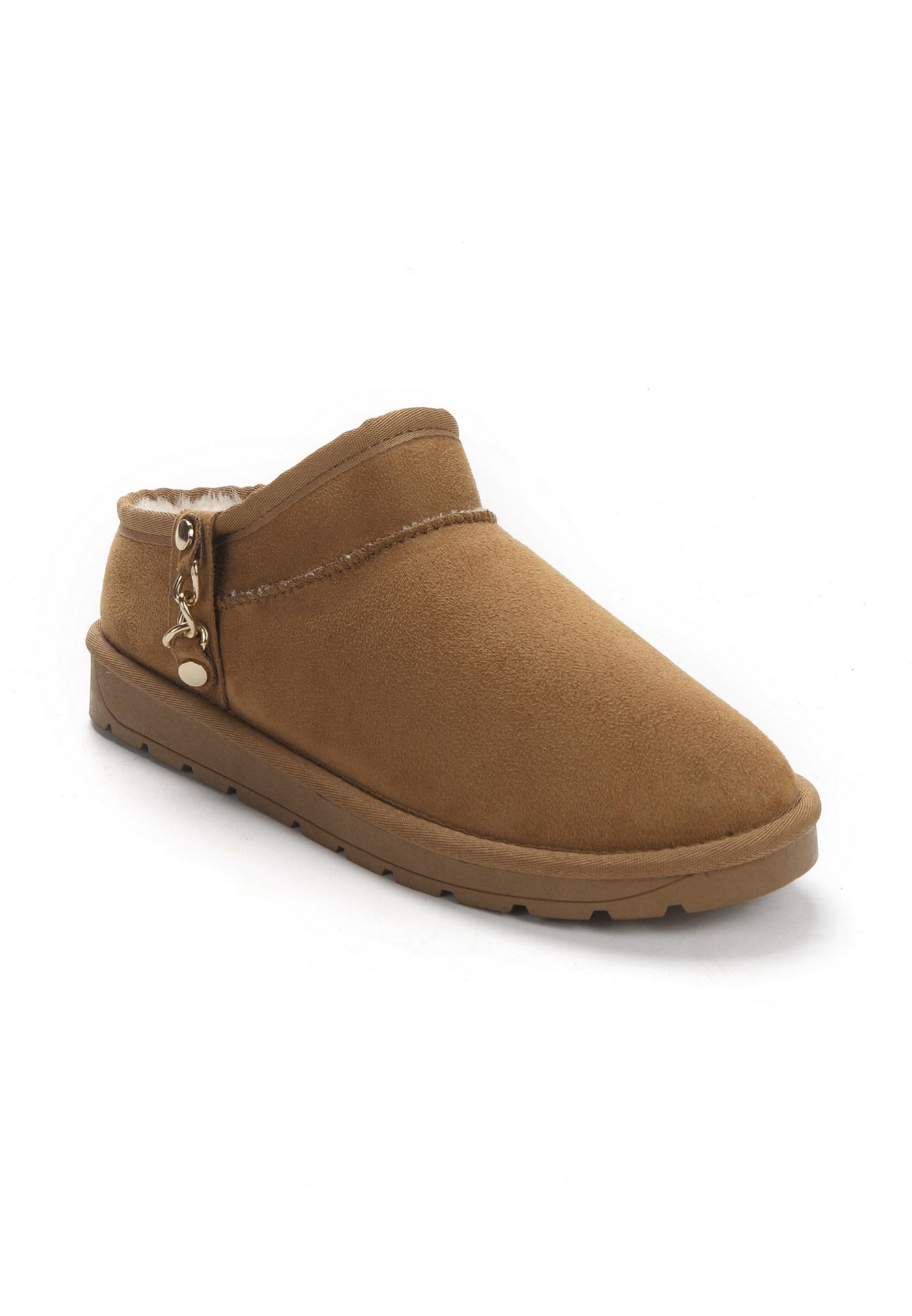 Bottine fourrée Mini Ediala camel de trois-quarts avant, bout rond et col surpiqué