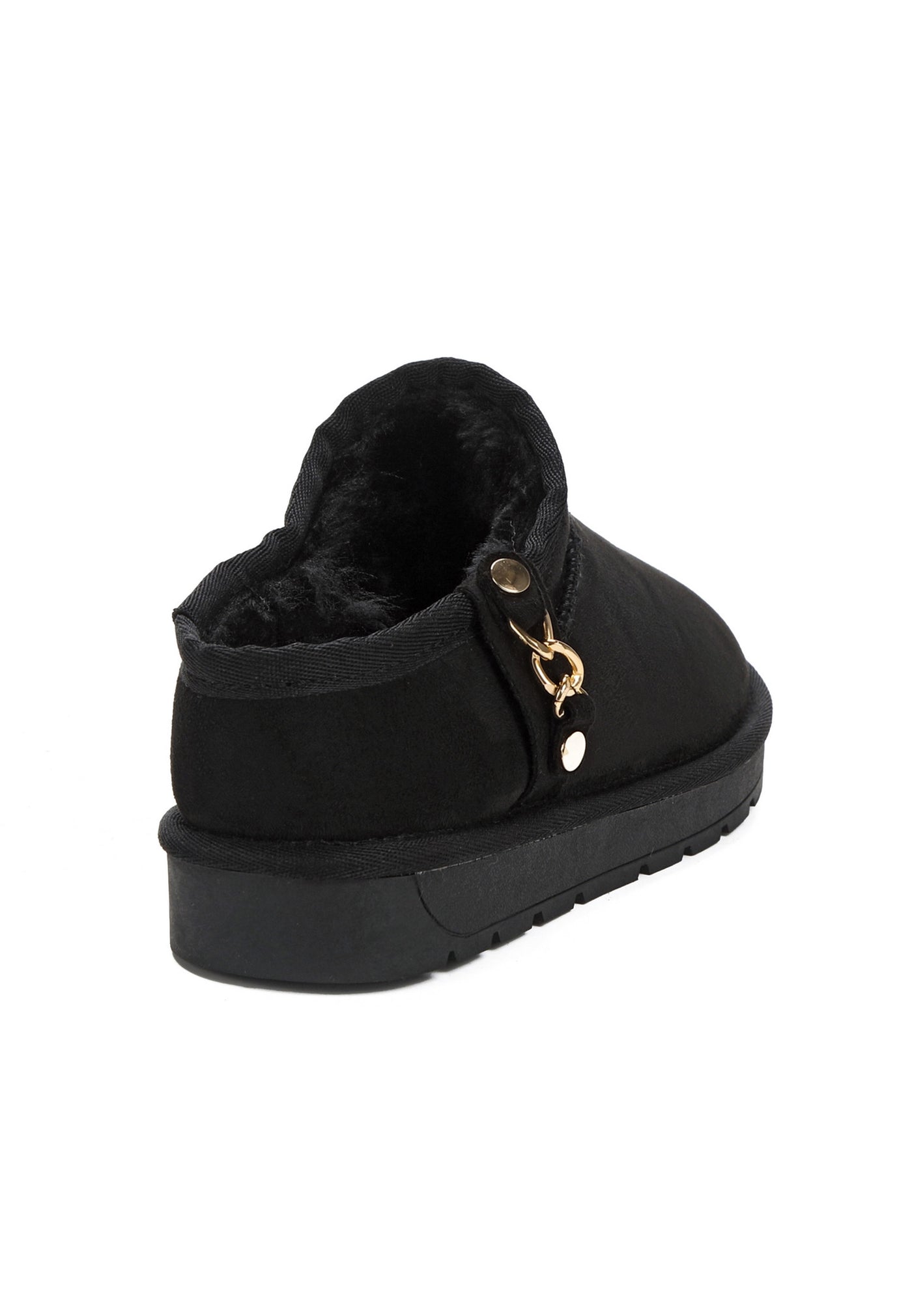 Bottine fourrée Mini Ediala noire de trois-quarts arrière, doublure noire au col