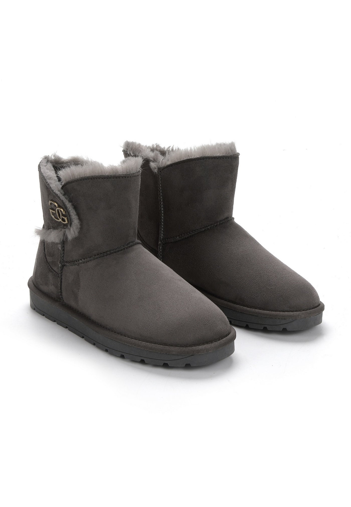 Les bottines fourrées Mebrela anthracite côte à côte, de trois-quarts, ornement doré