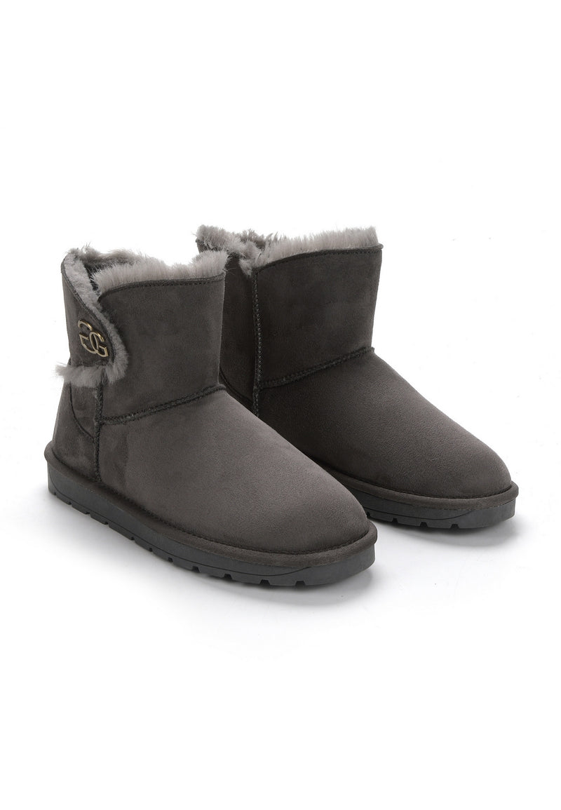 Les bottines fourrées Mebrela anthracite côte à côte, de trois-quarts, ornement doré