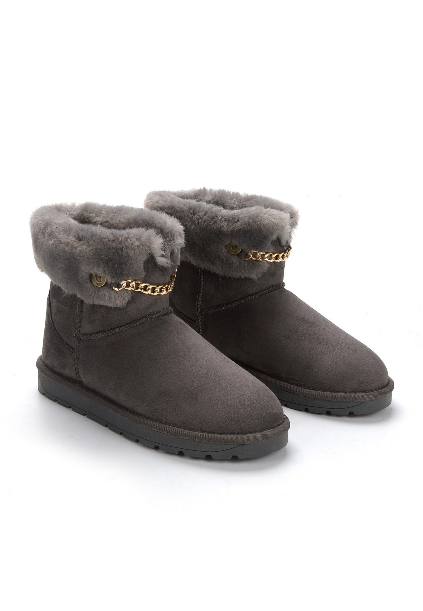 Paire de bottines fourrées Mertude anthracite de trois-quarts, chaîne dorée