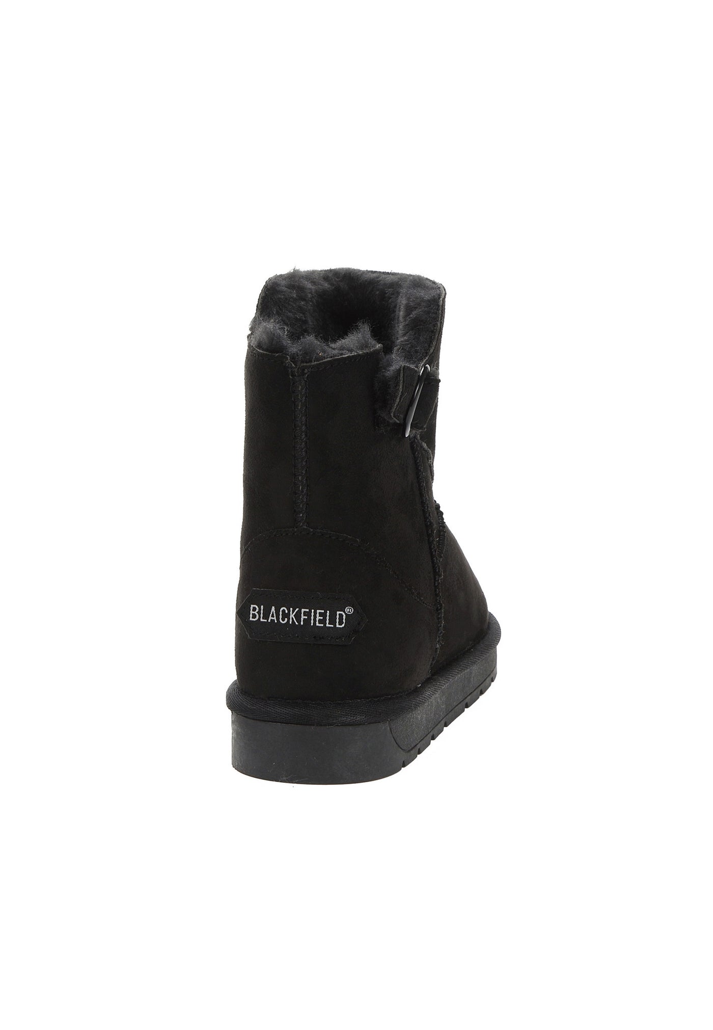 Bottine fourrée Misela noire vue de dos, étiquette Blackfield cousue au talon en ton sur ton