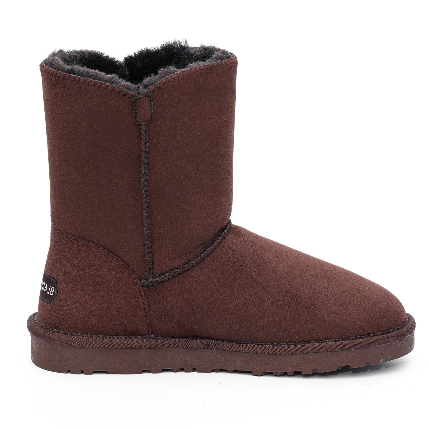 Bottine fourrée Lola marron de profil, encoche en V et doublure brun foncé au bord