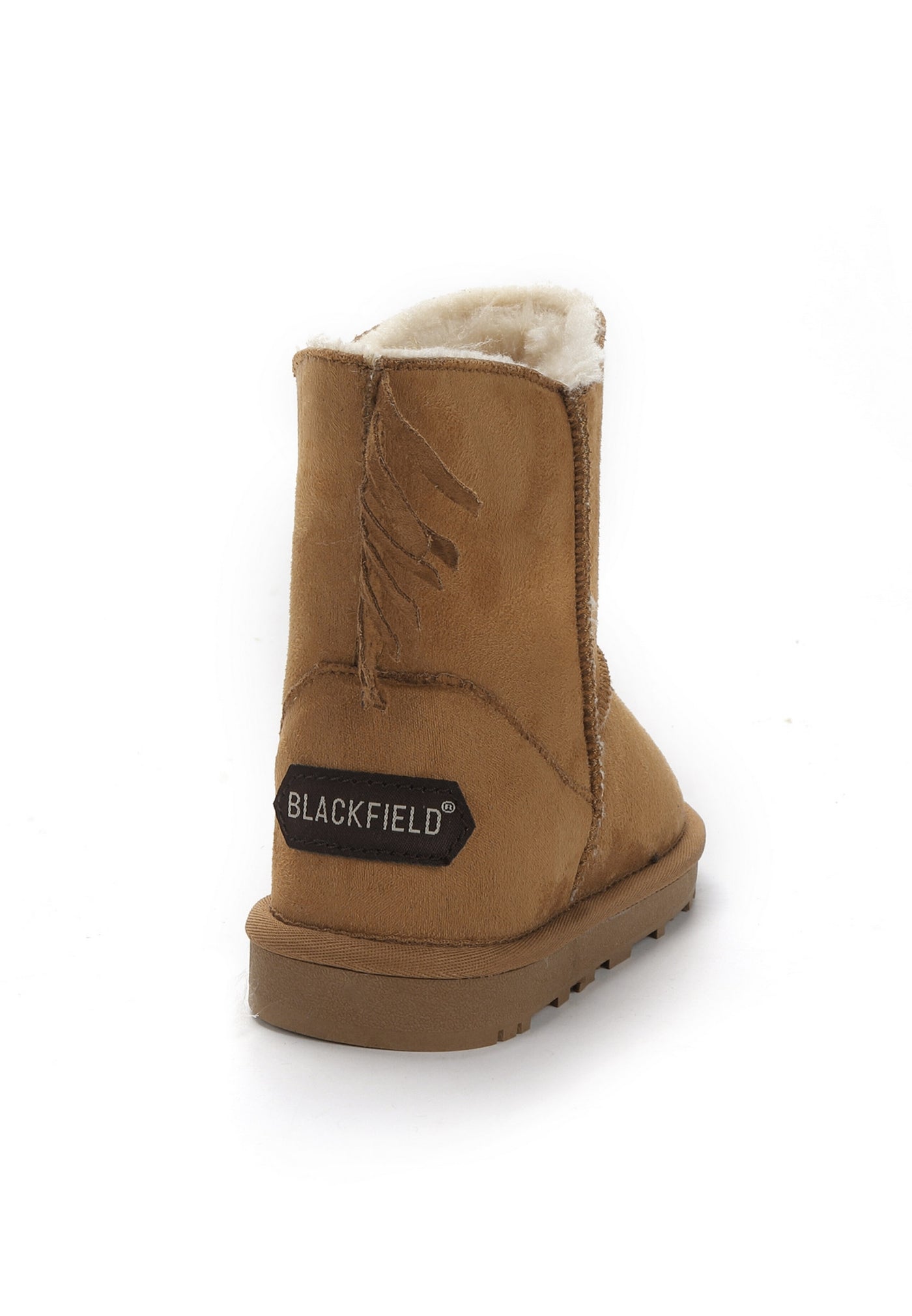 Botte fourrée Moraze camel de dos, étiquette Blackfield noire cousue au talon