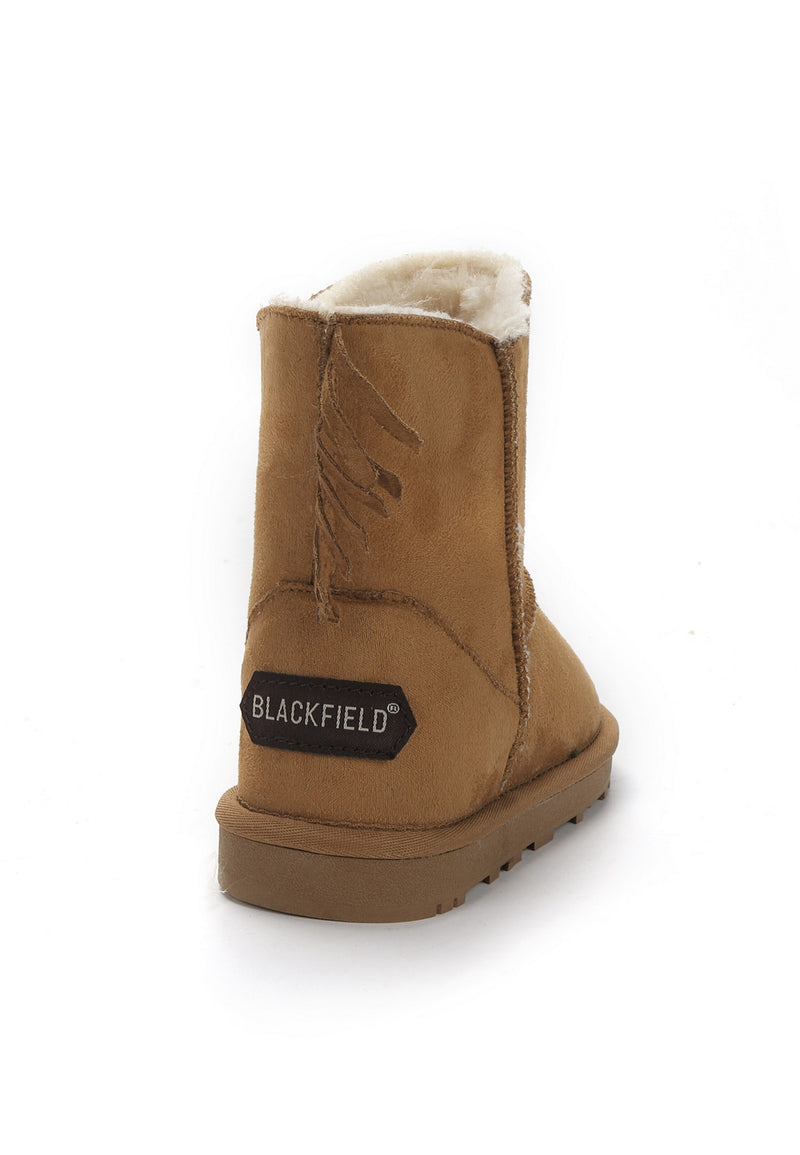 Botte fourrée Moraze camel de dos, étiquette Blackfield noire cousue au talon