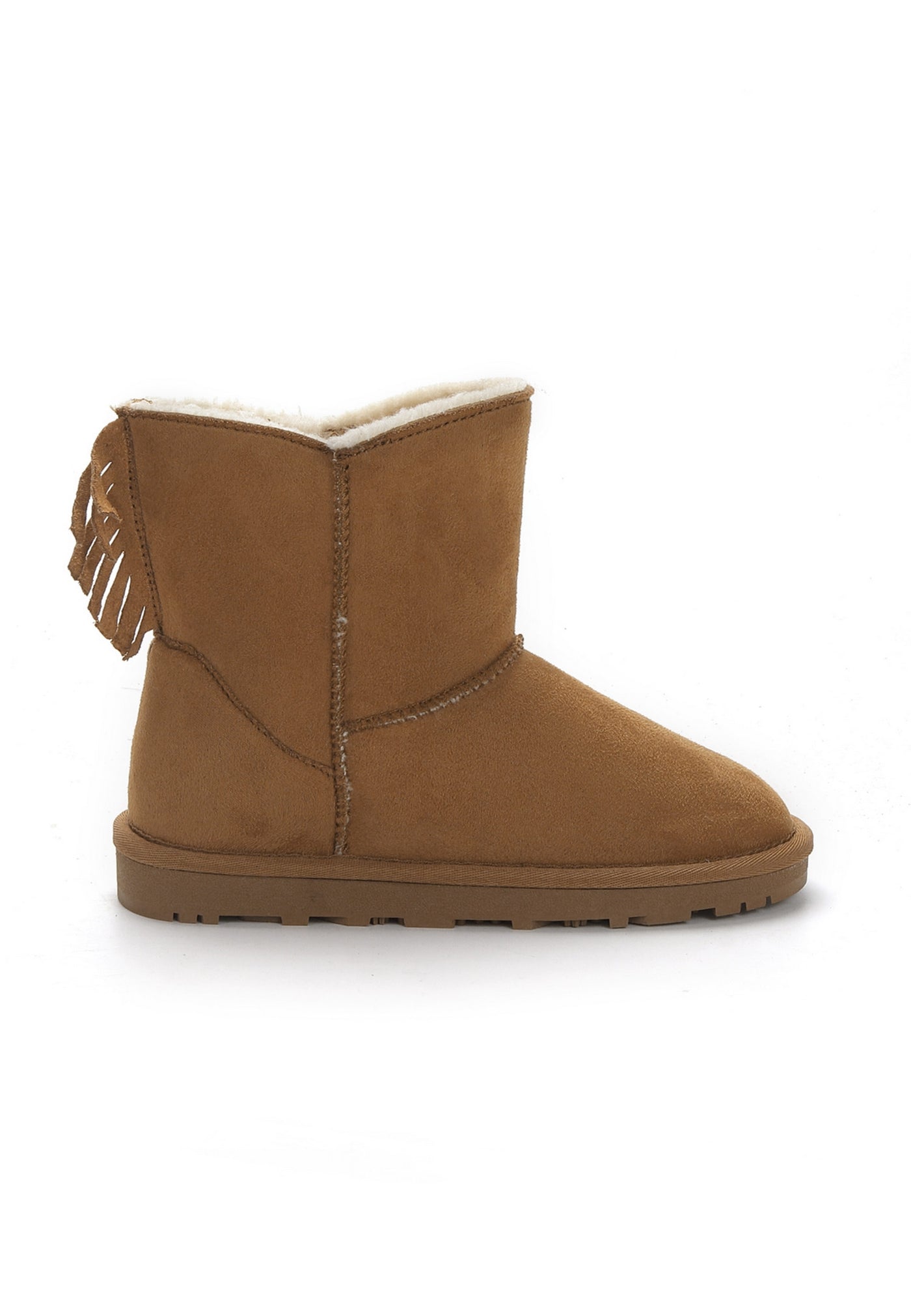 Botte fourrée Moraze camel de profil, franges de microfibre à l'arrière de la tige