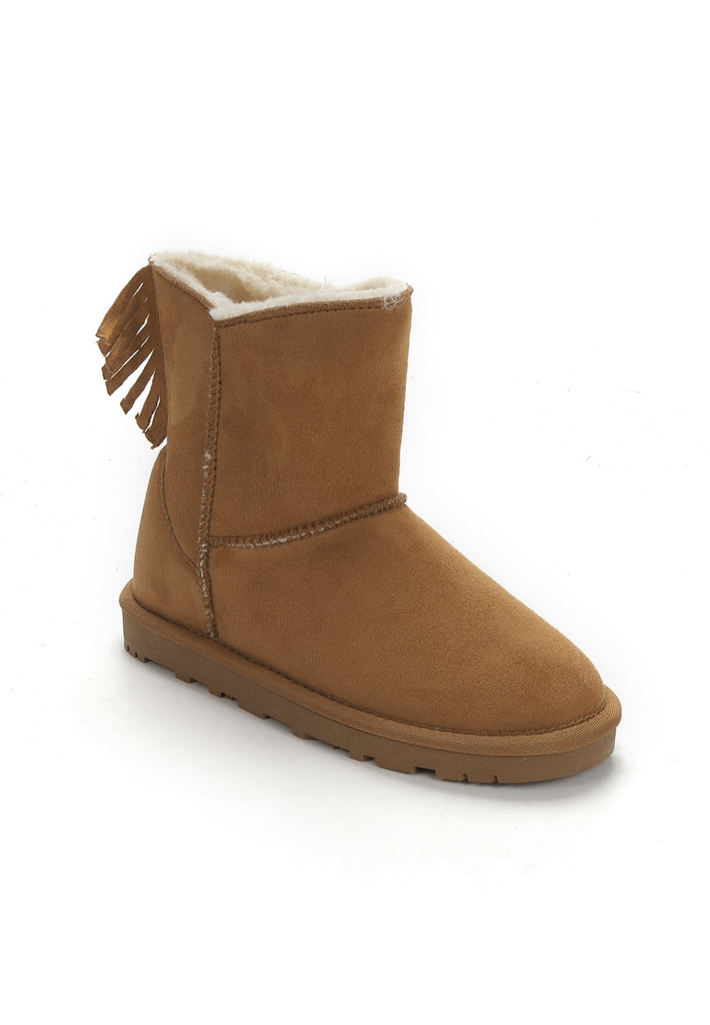 Botte fourrée Moraze camel de trois-quarts avant, doublure écrue visible au col