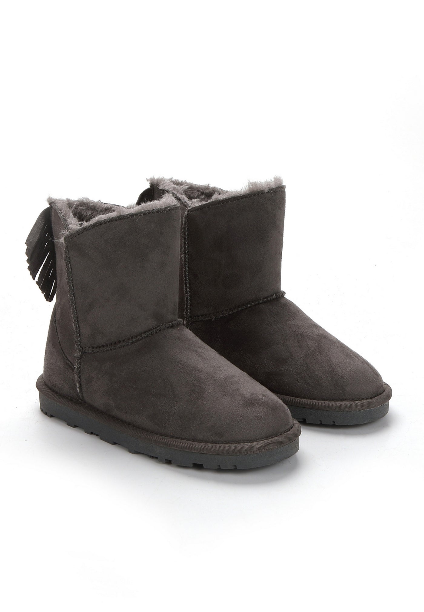 Bottes fourrées enfant Moraze anthracite vues de trois-quarts, franges à l'arrière