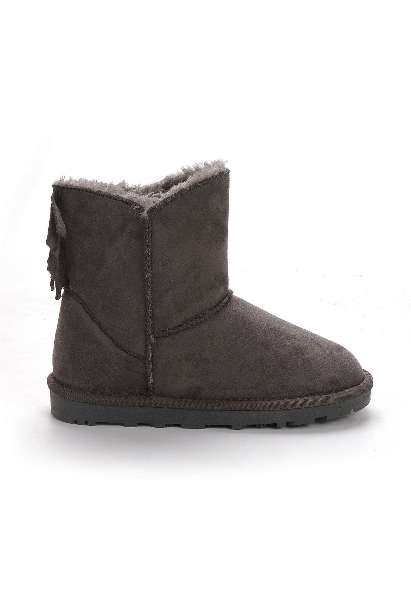 Botte fourrée enfant Moraze anthracite de profil, frange de microfibre sur la tige
