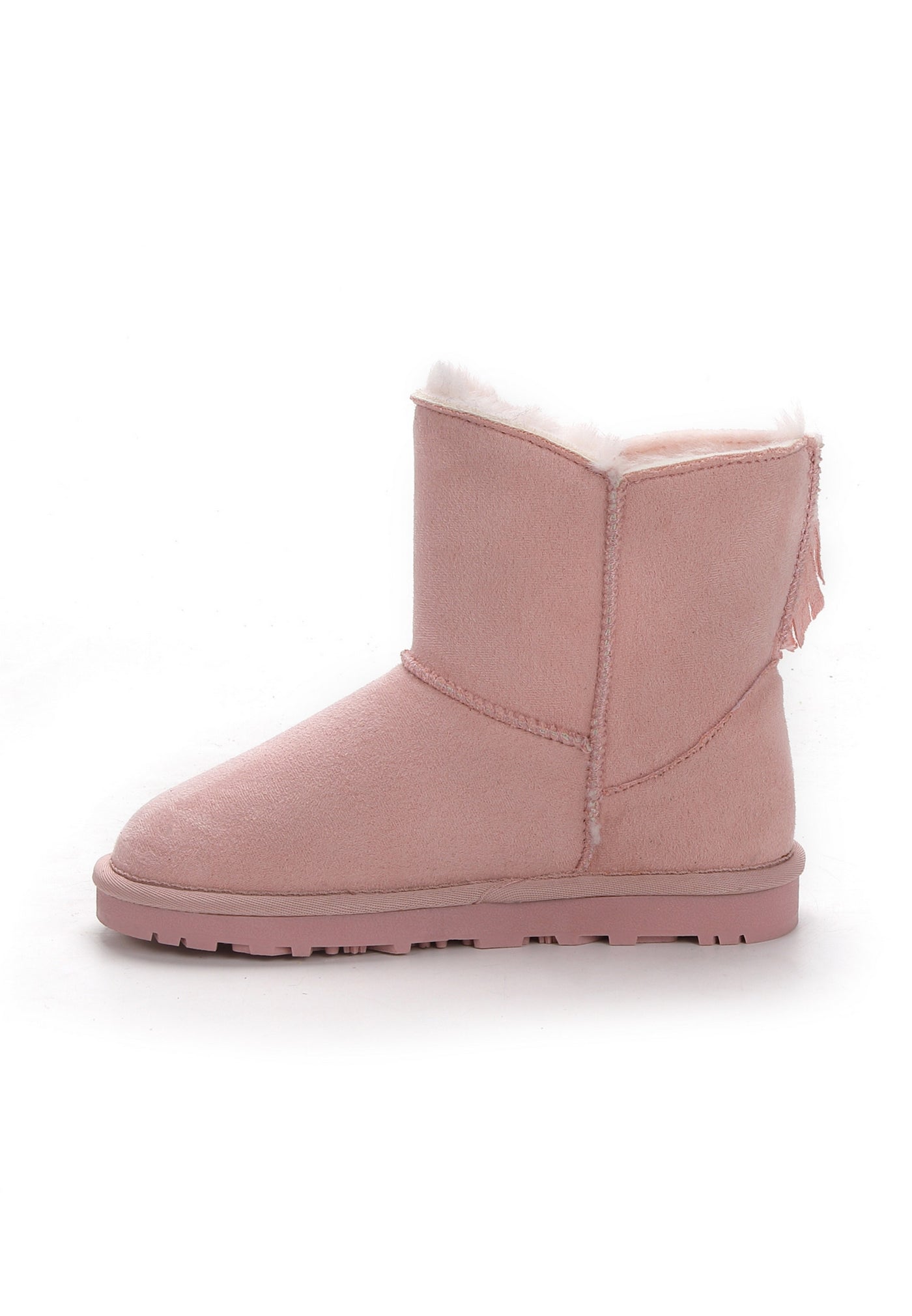 Botte fourrée Moraze rose vue de l'autre côté, doublure crème débordant au col