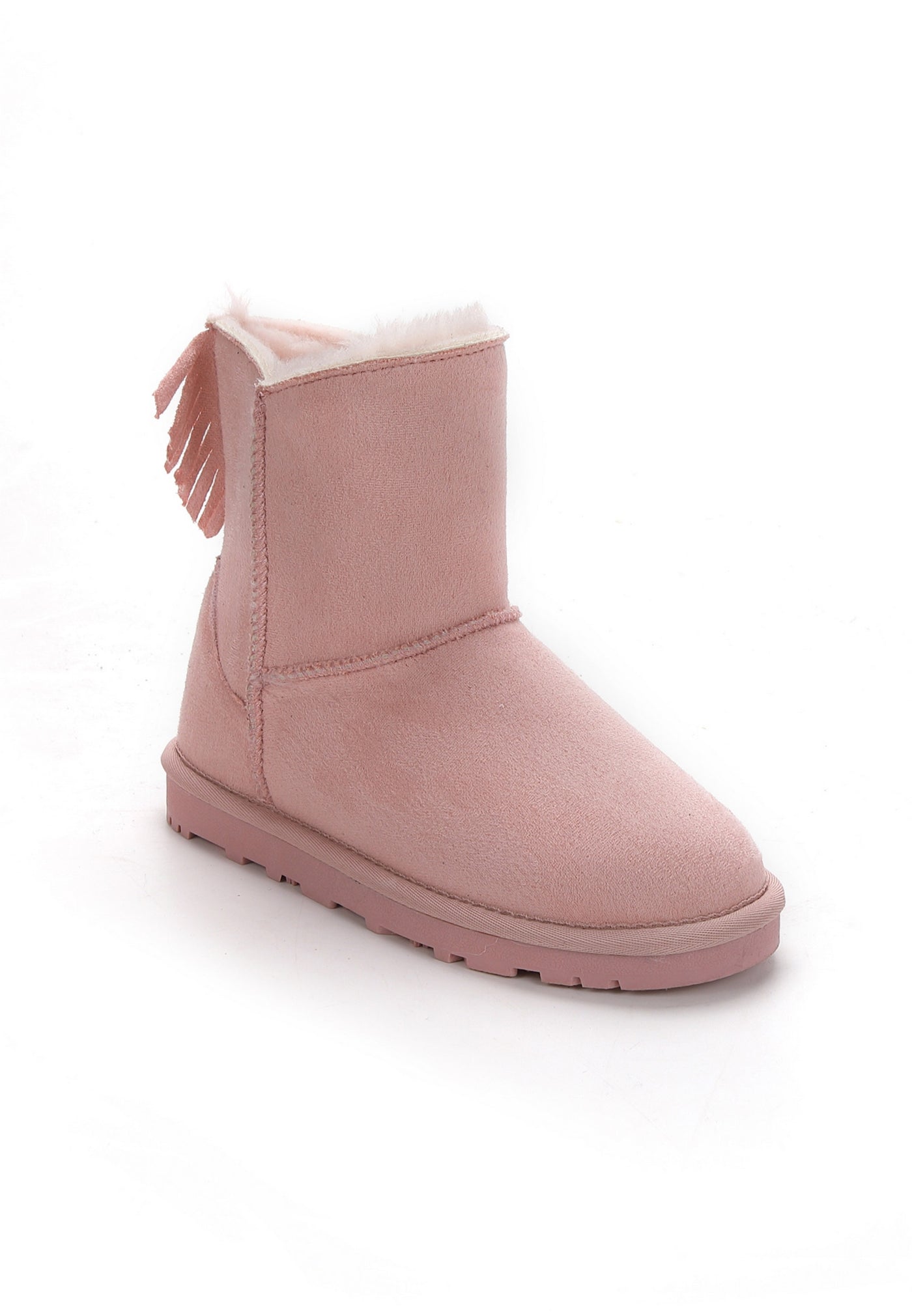 Botte fourrée Moraze rose de trois-quarts, semelle crantée rose assortie