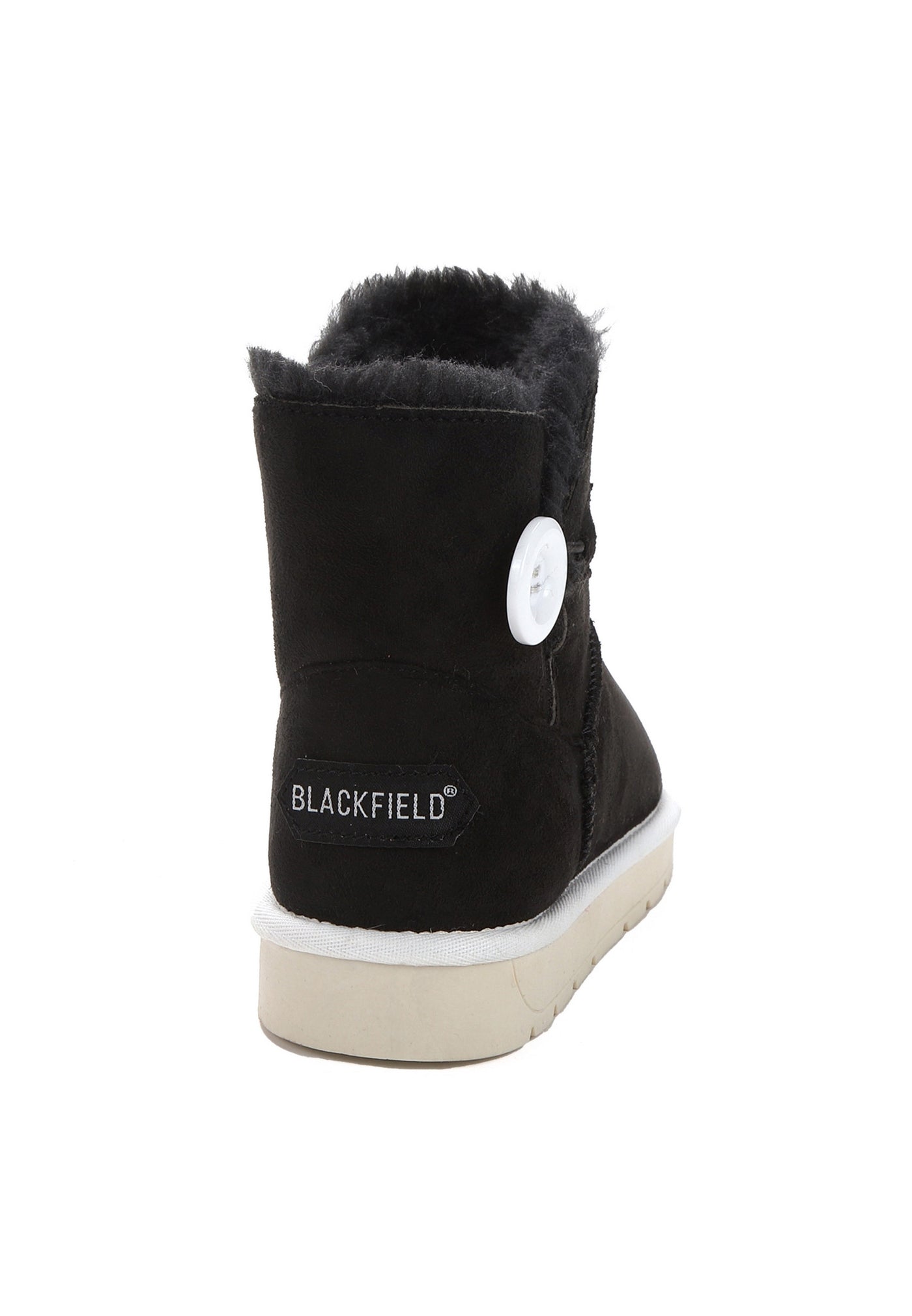 Bottine fourrée Meetika noire vue de dos, étiquette Blackfield blanche cousue au talon