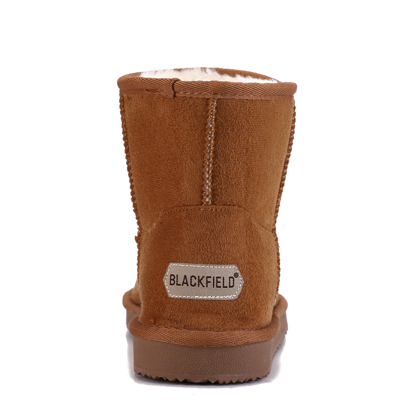Bottine fourrée Princesse camel de dos, étiquette Blackfield rectangulaire au talon