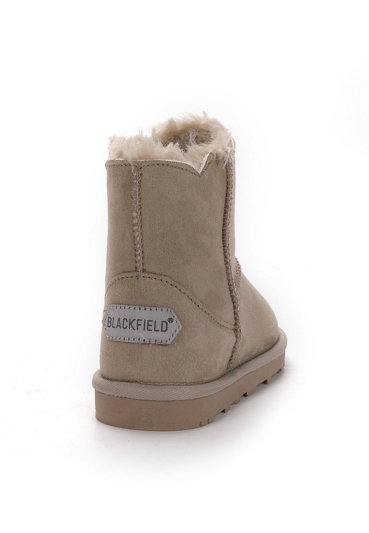 Botte fourrée Mina naturel vue de dos, étiquette Blackfield blanche au talon