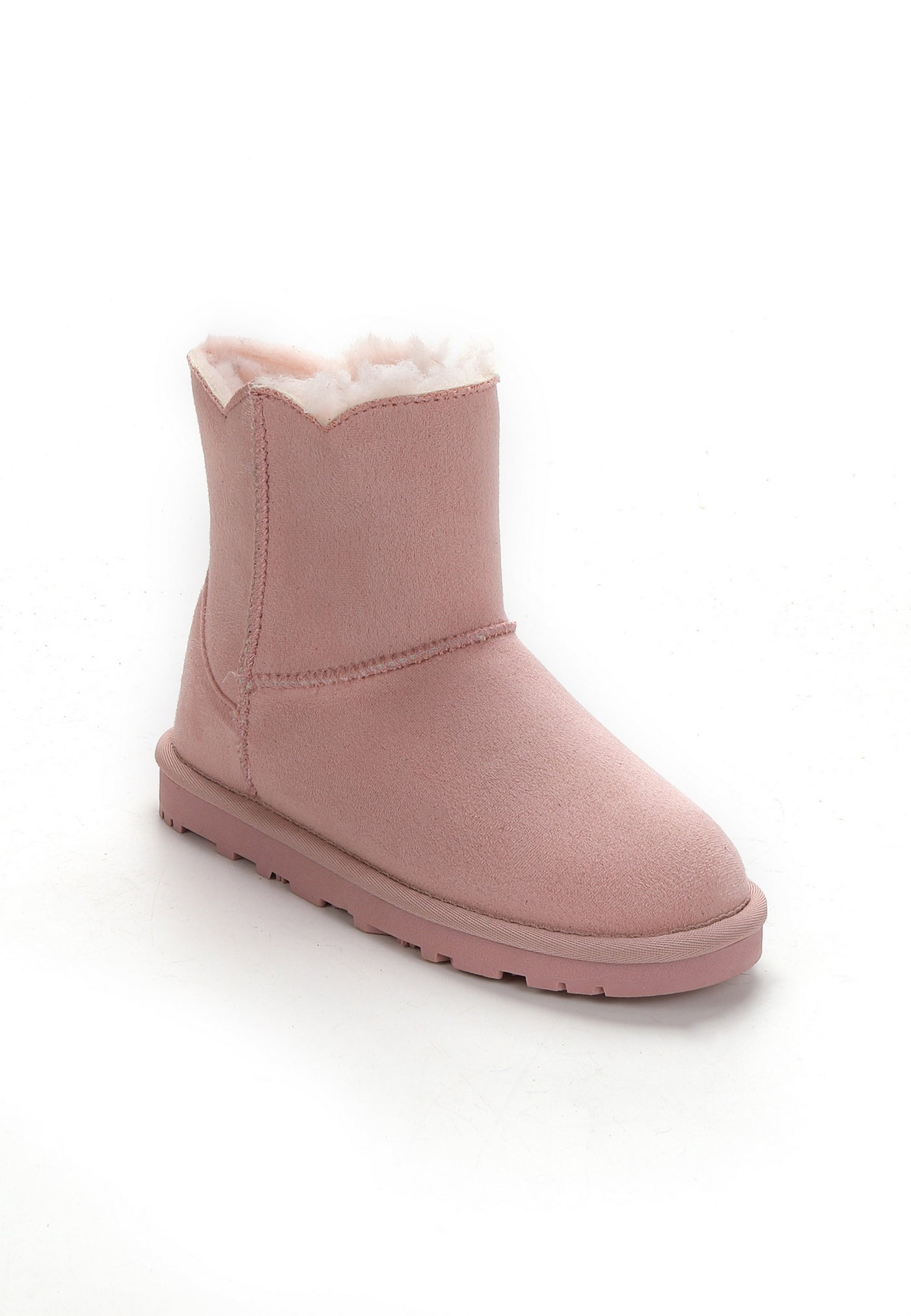 Botte fourrée Mina rose de trois-quarts, couture verticale sur la tige rose