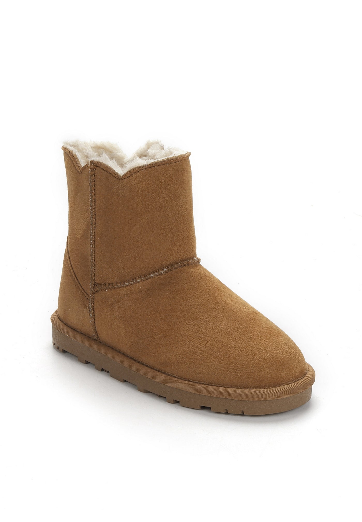 Botte fourrée enfant Mina camel vue de l'autre côté, microfibre camel mate et couture