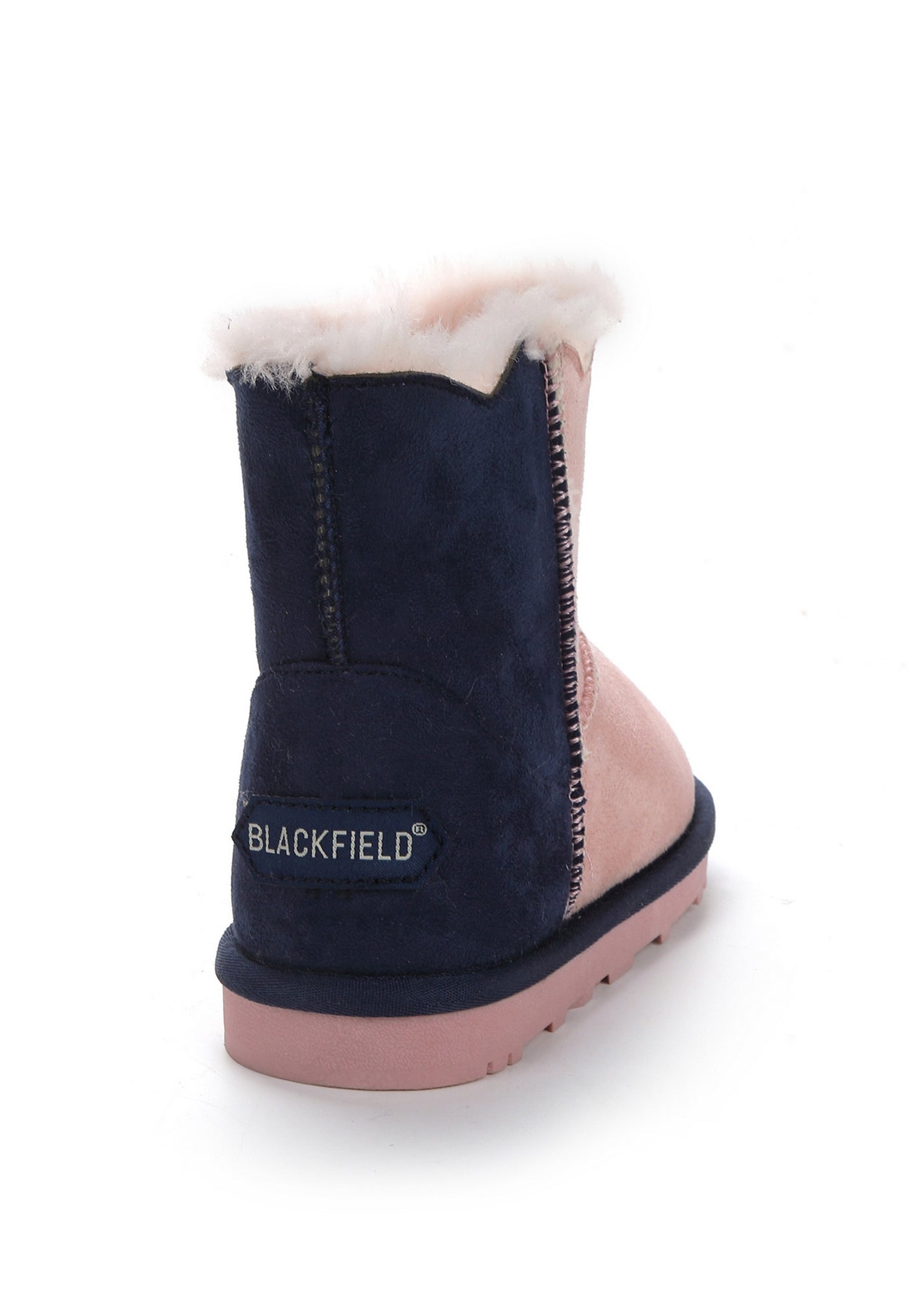 Botte fourrée Milena rose vue de dos, étiquette Blackfield sur le contrefort marine