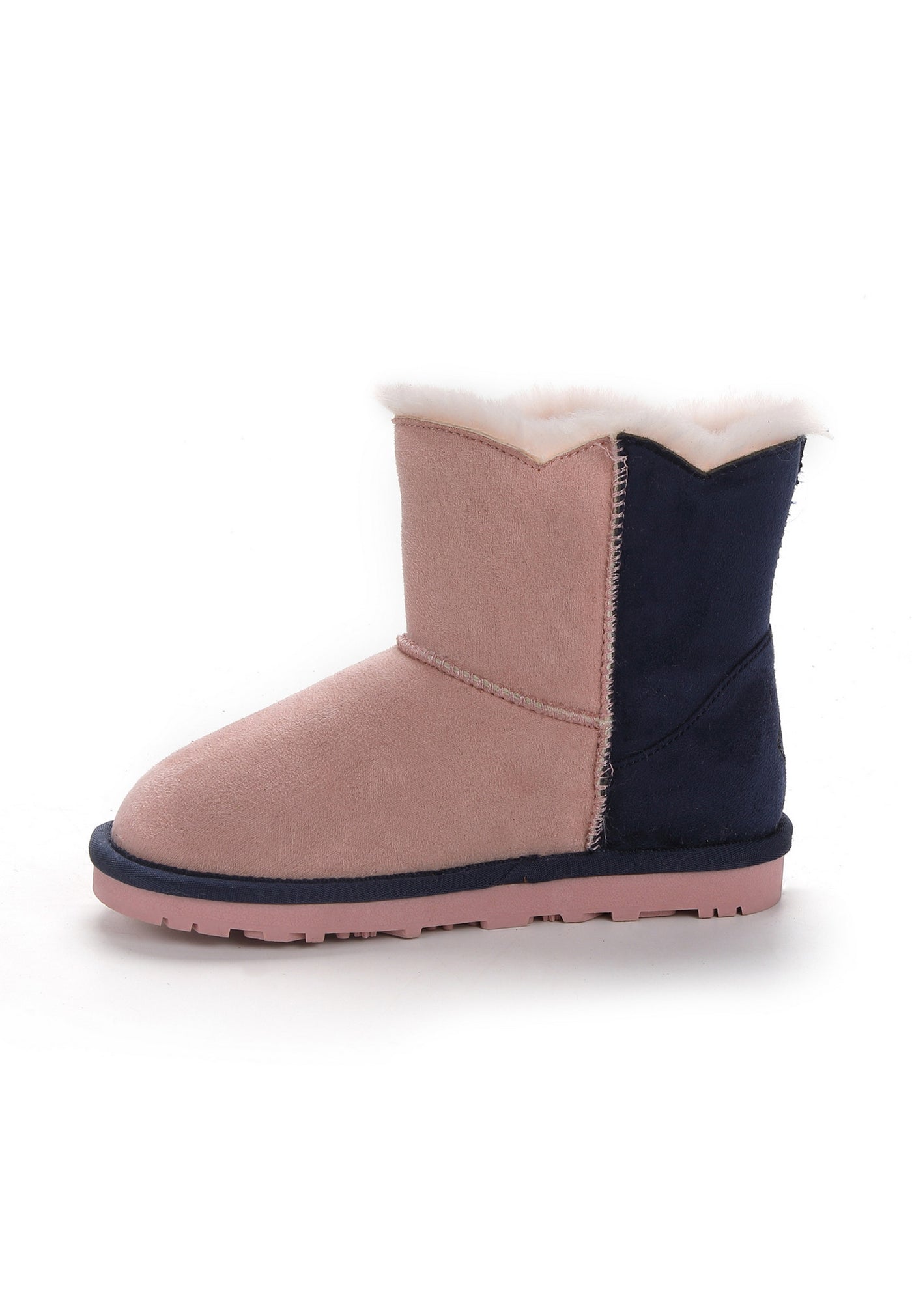 Botte fourrée Milena rose vue de l’autre côté, col de fausse fourrure crème débordant