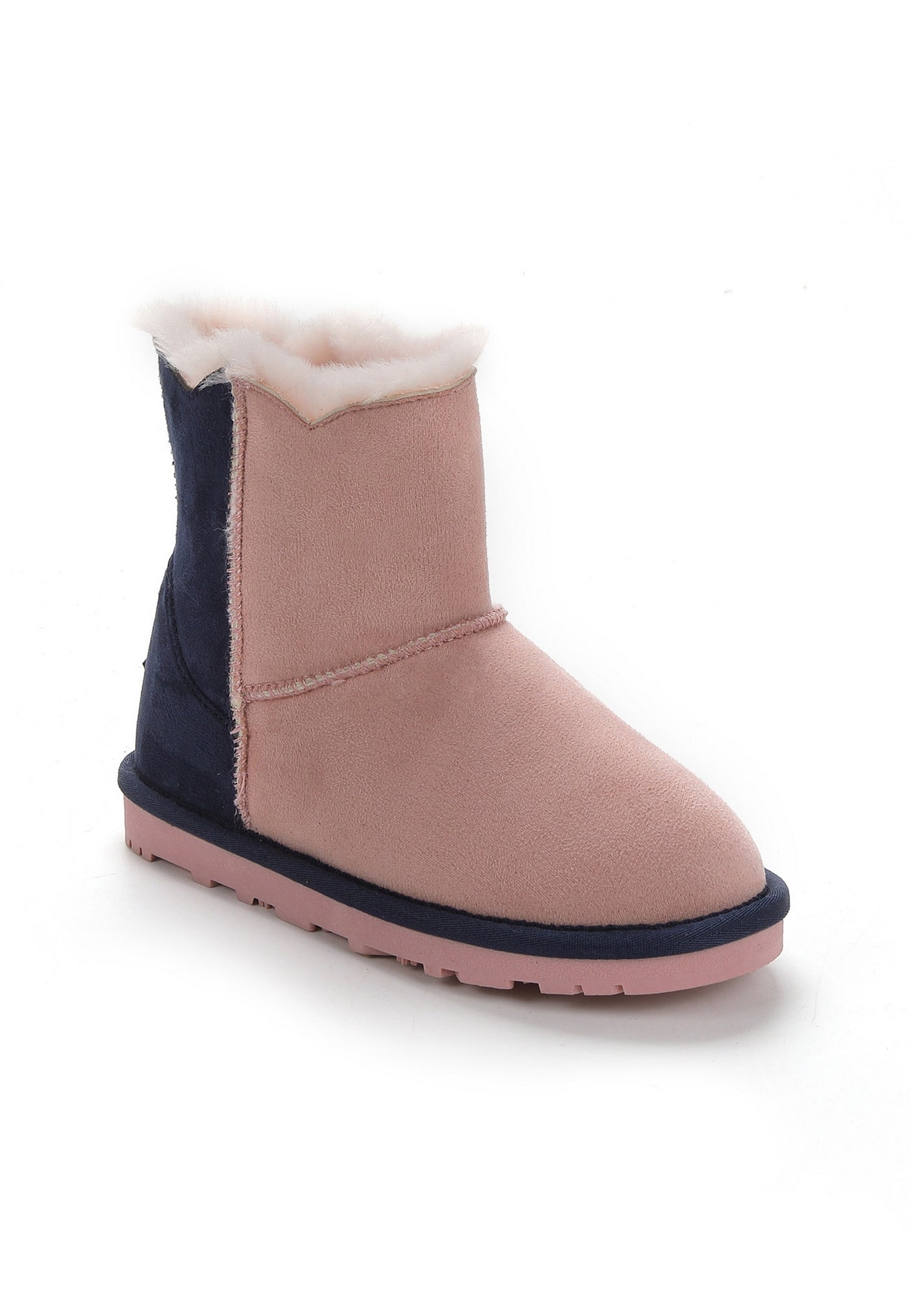 Botte fourrée Milena rose de trois-quarts, semelle crantée rose et lisseré marine