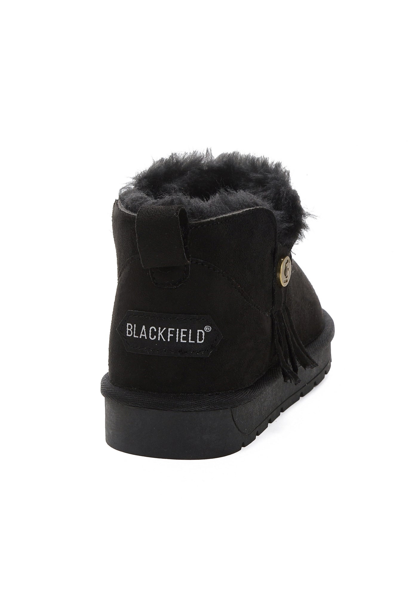 Bottine fourrée Elonie noire vue de dos, étiquette Blackfield sur le talon noir