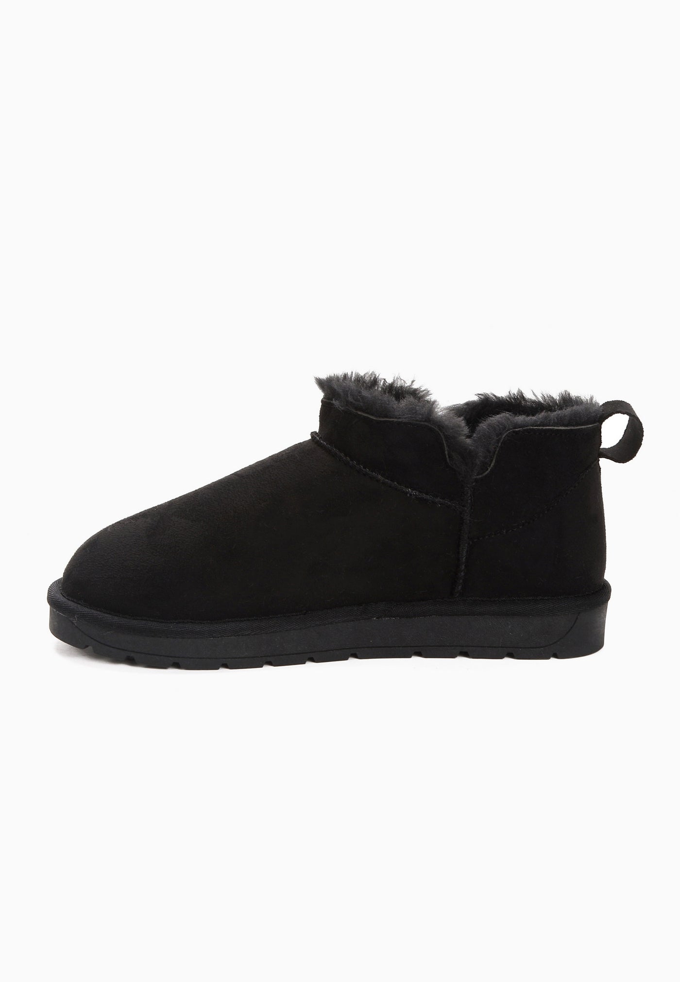 Bottine fourrée Elonie noire, autre côté, col gris anthracite et patte de tirage