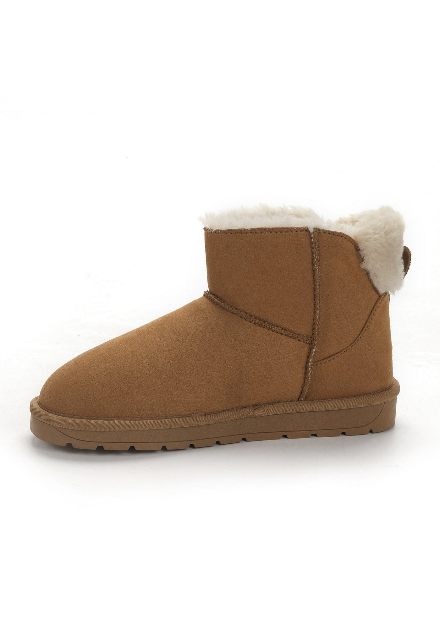 Bottine fourrée Elissa camel, autre côté, boucle arrière et rivet métallique clair