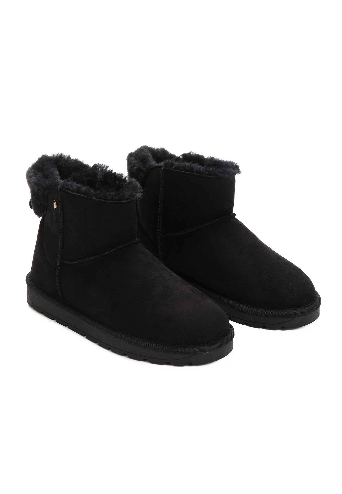 Bottines fourrées Elissa noires en paire, revers de fausse fourrure anthracite replié