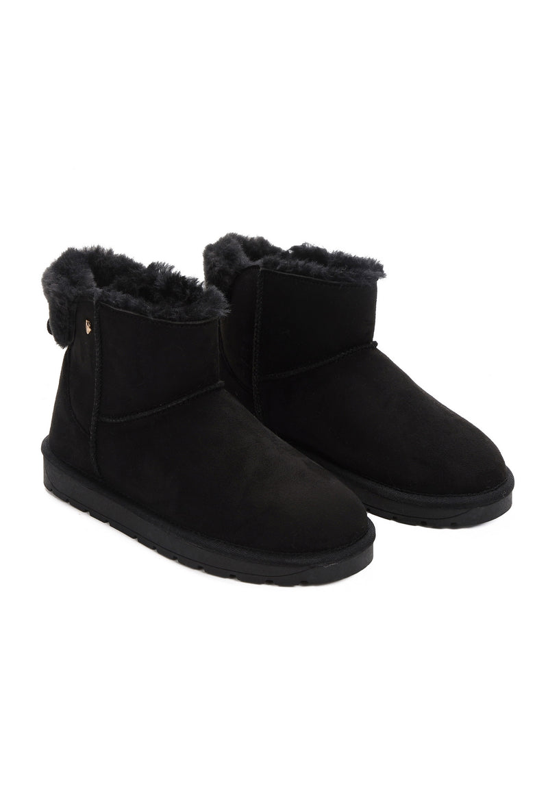 Bottines fourrées Elissa noires en paire, revers de fausse fourrure anthracite replié