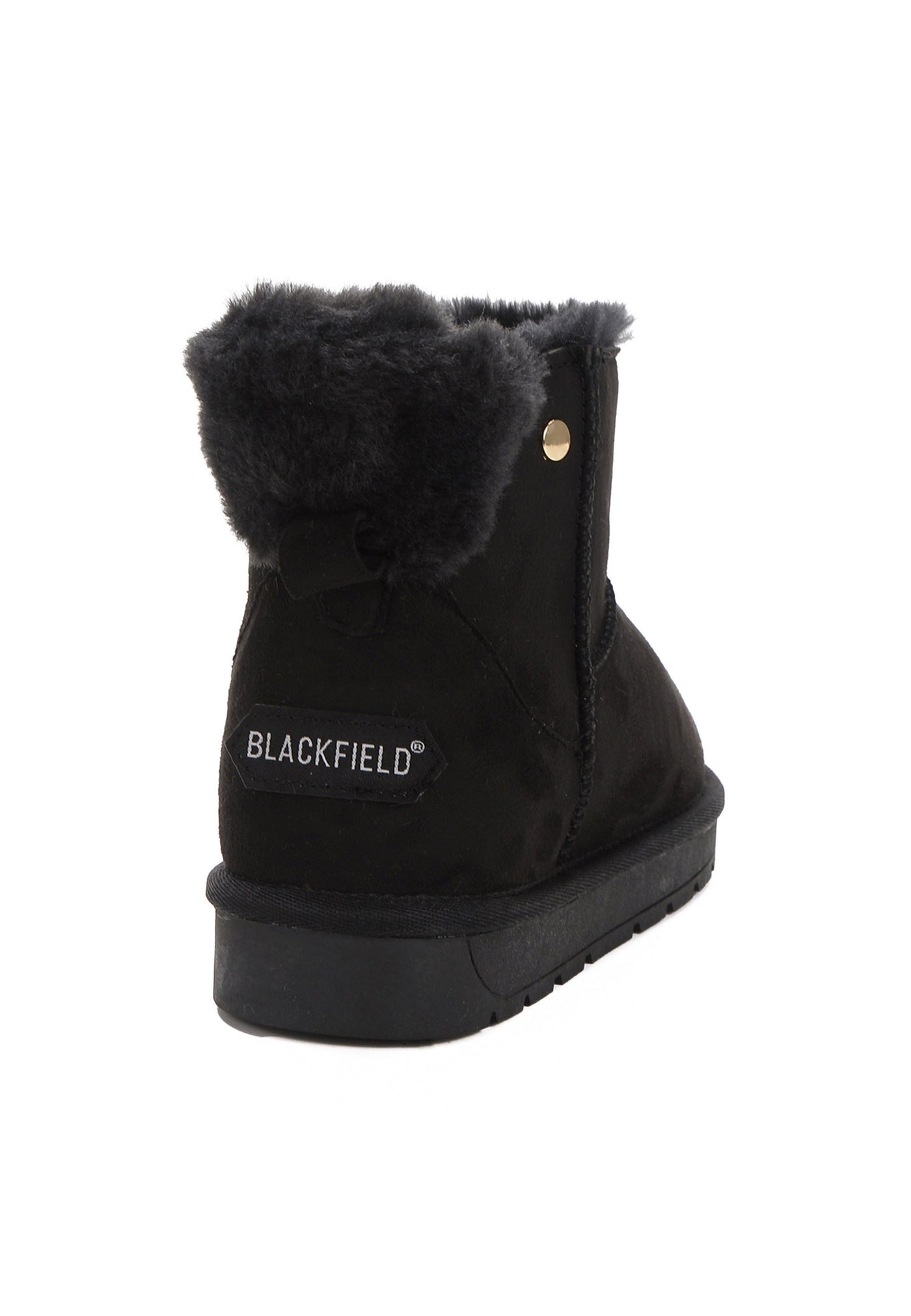 Bottine fourrée Elissa noire vue de dos, étiquette Blackfield et revers anthracite