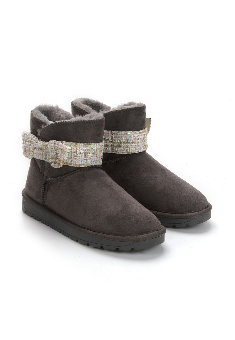 Paire de bottines fourrées Wassily anthracite, bandes de tweed bouclé nouées sur la tige