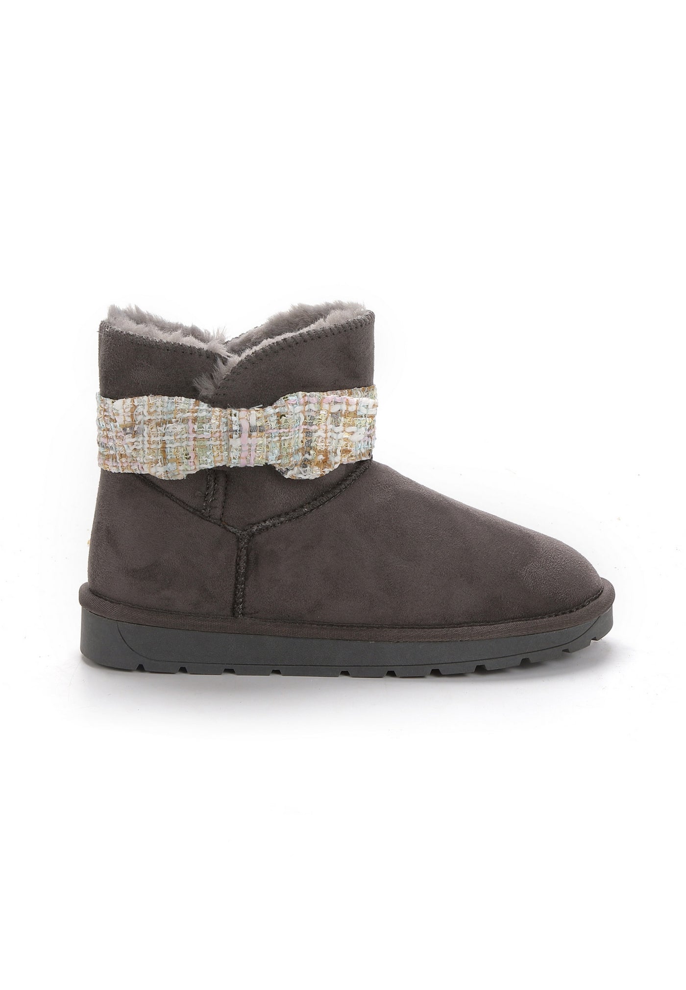 Bottine fourrée Wassily anthracite de profil, nœud de tweed écru rose et vert pâle