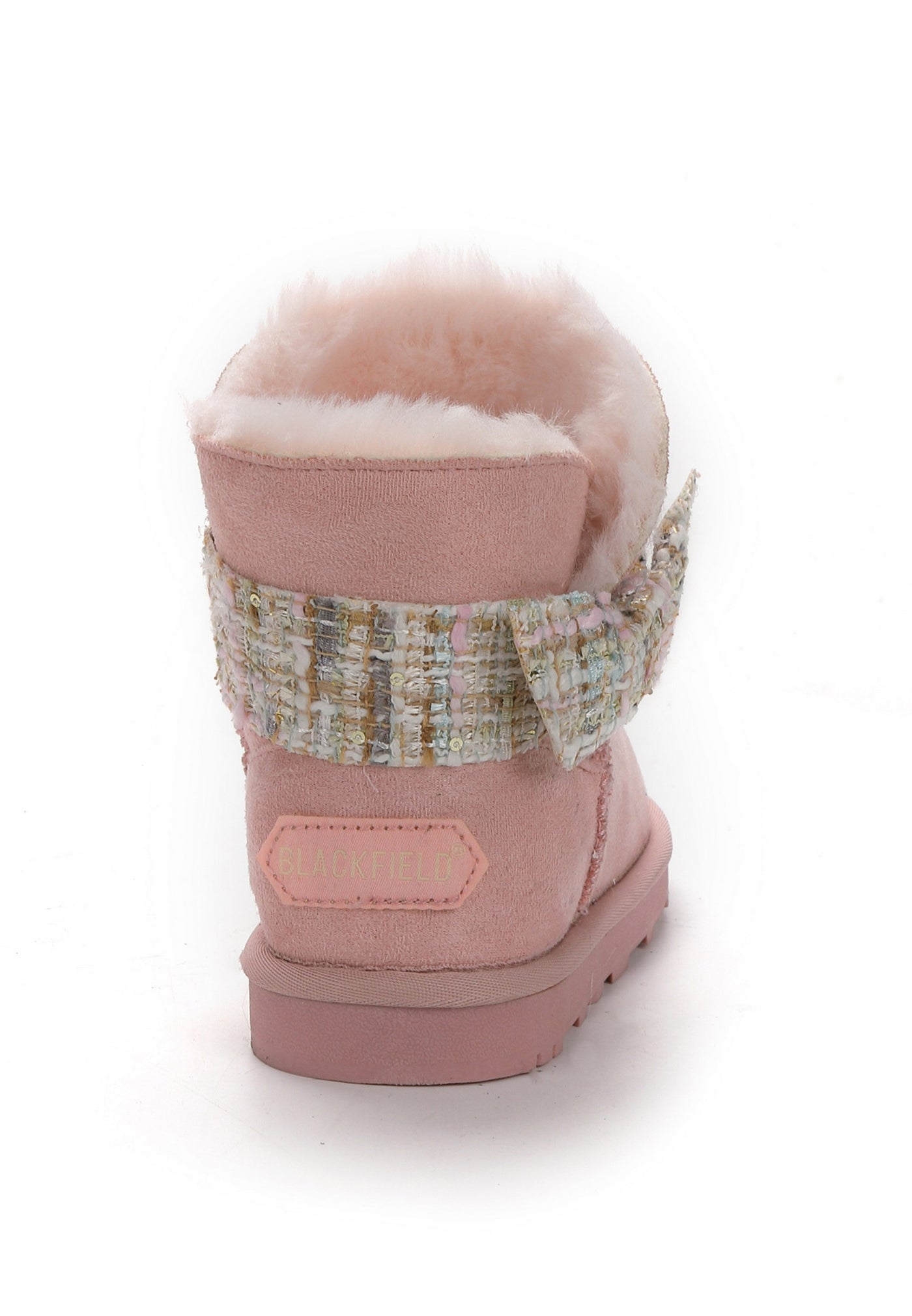 Botte fourrée Wassily rose vue de dos, gros nœud de tweed et col de fausse fourrure rose pâle