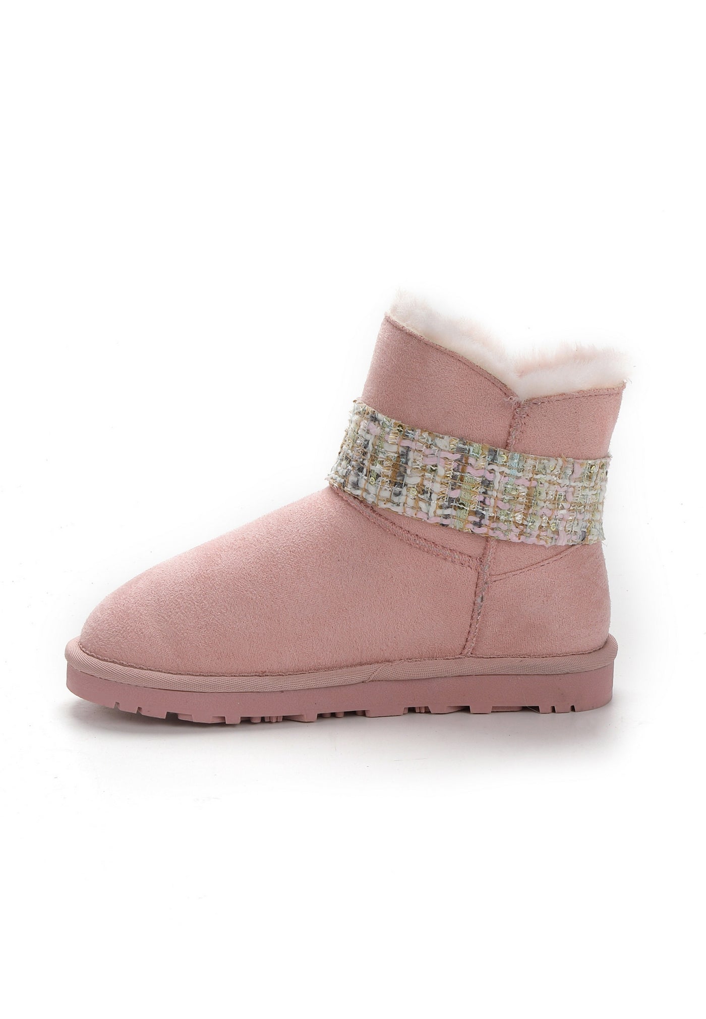 Botte fourrée enfant Wassily rose vue de l'autre côté, bande de tweed et semelle crantée rose