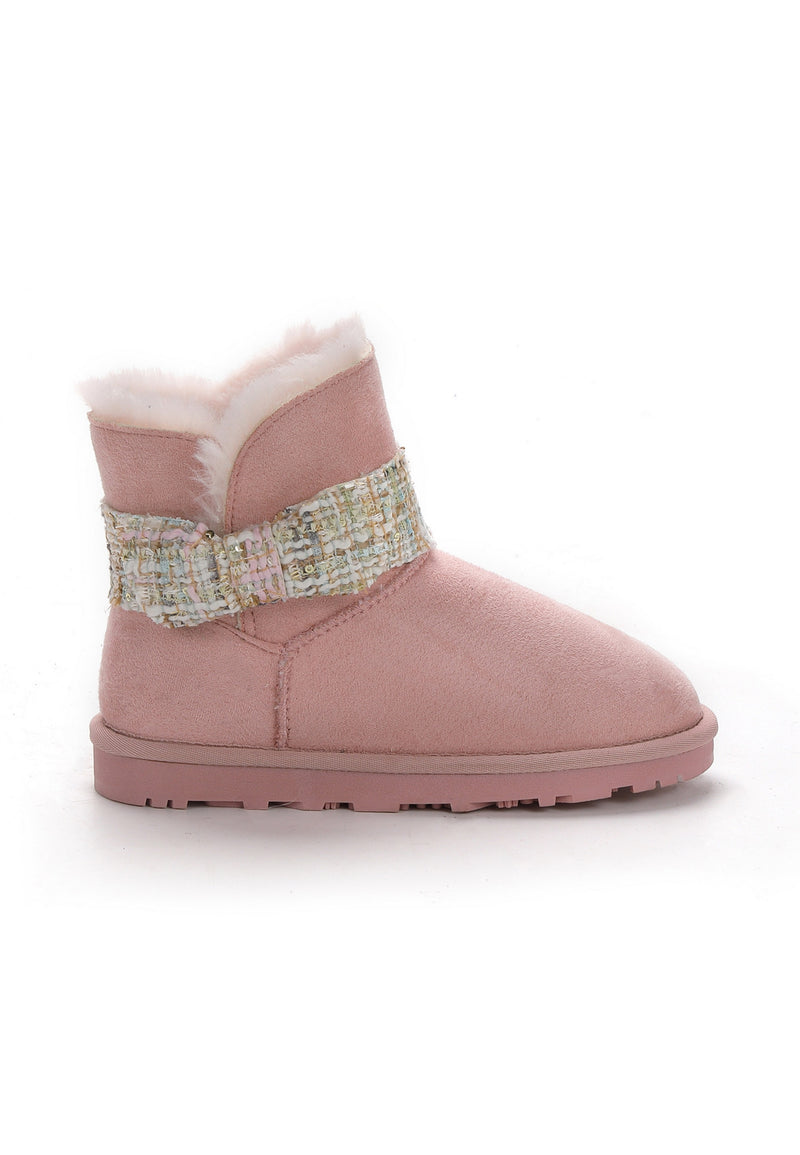 Botte fourrée enfant Wassily rose de profil, nœud de tweed pastel posé sur la tige