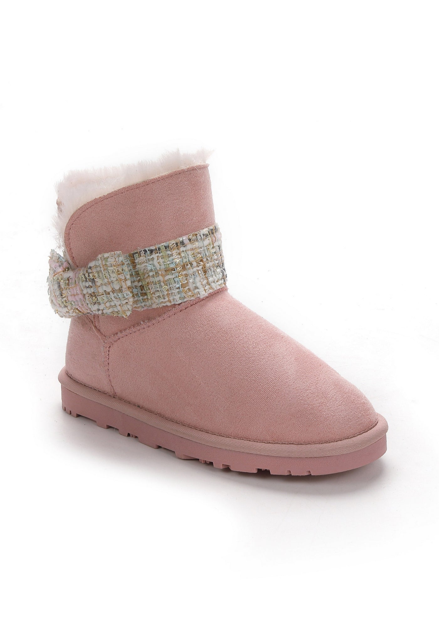 Botte fourrée Wassily rose de trois-quarts, nœud de tweed à fil doré et bord de fausse fourrure