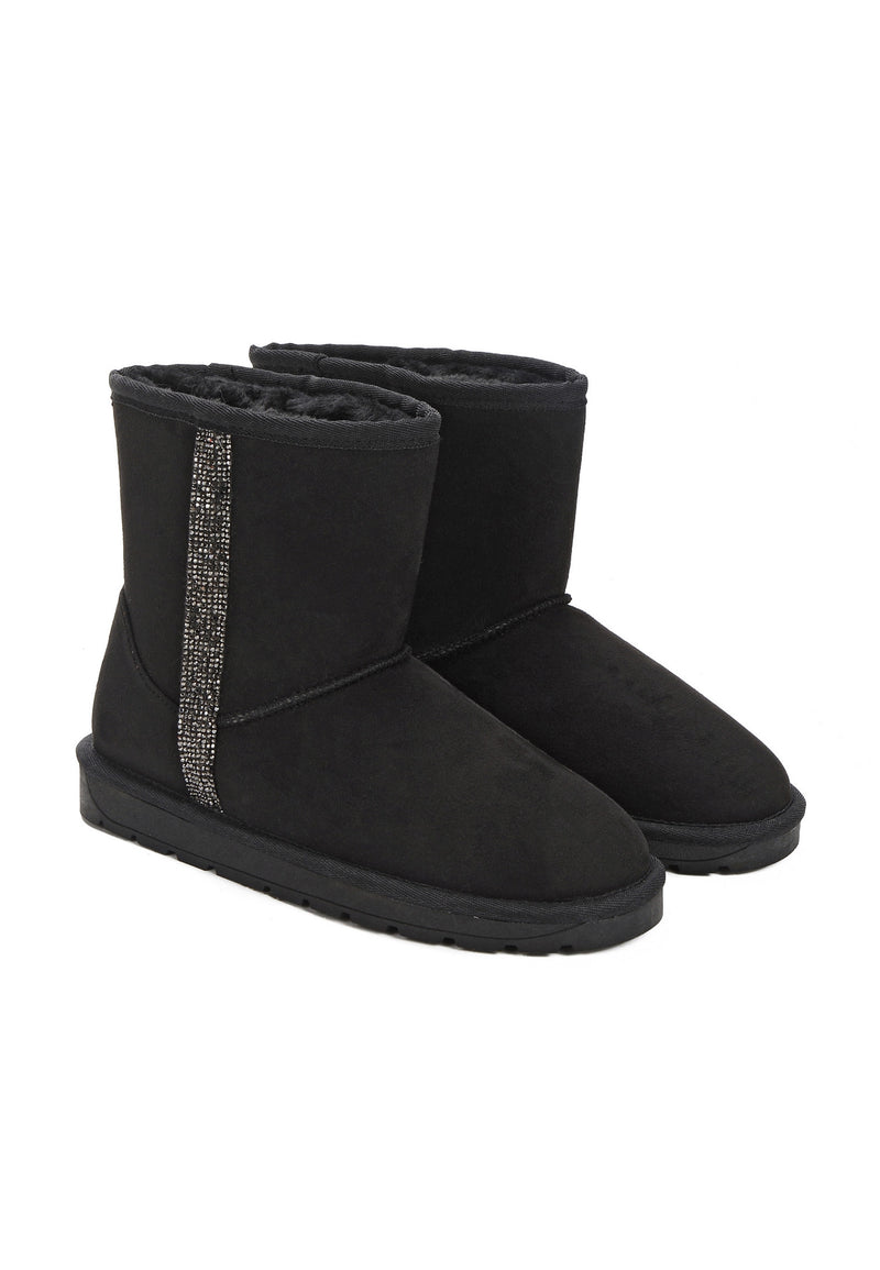 Paire de bottines fourrées Rosyne Glitter noires de trois-quarts, bandes de strass visibles