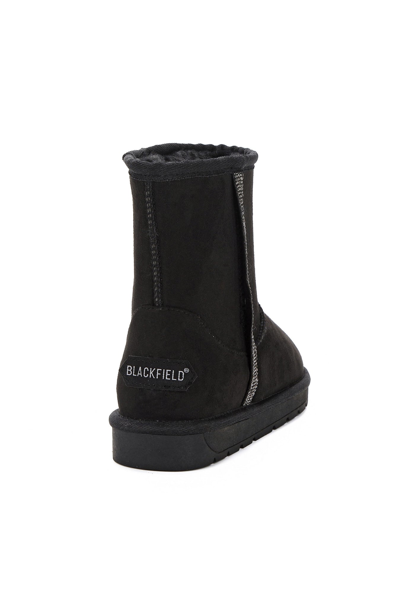 Bottine fourrée Rosyne Glitter noire de dos, étiquette Blackfield blanche au talon
