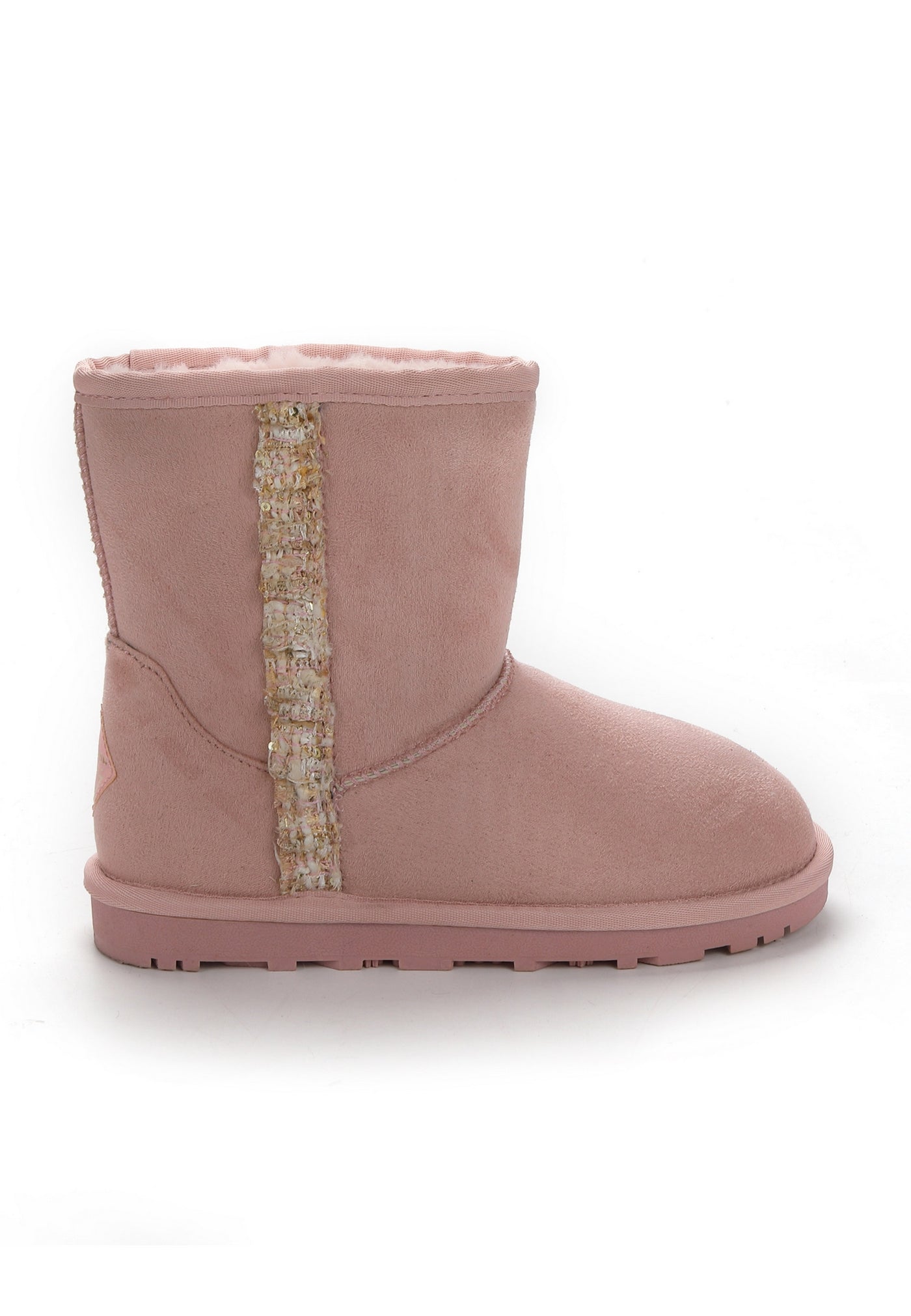 Bottine fourrée Rudia rose de profil, bande de tweed bouclé écru et doré sur la tige
