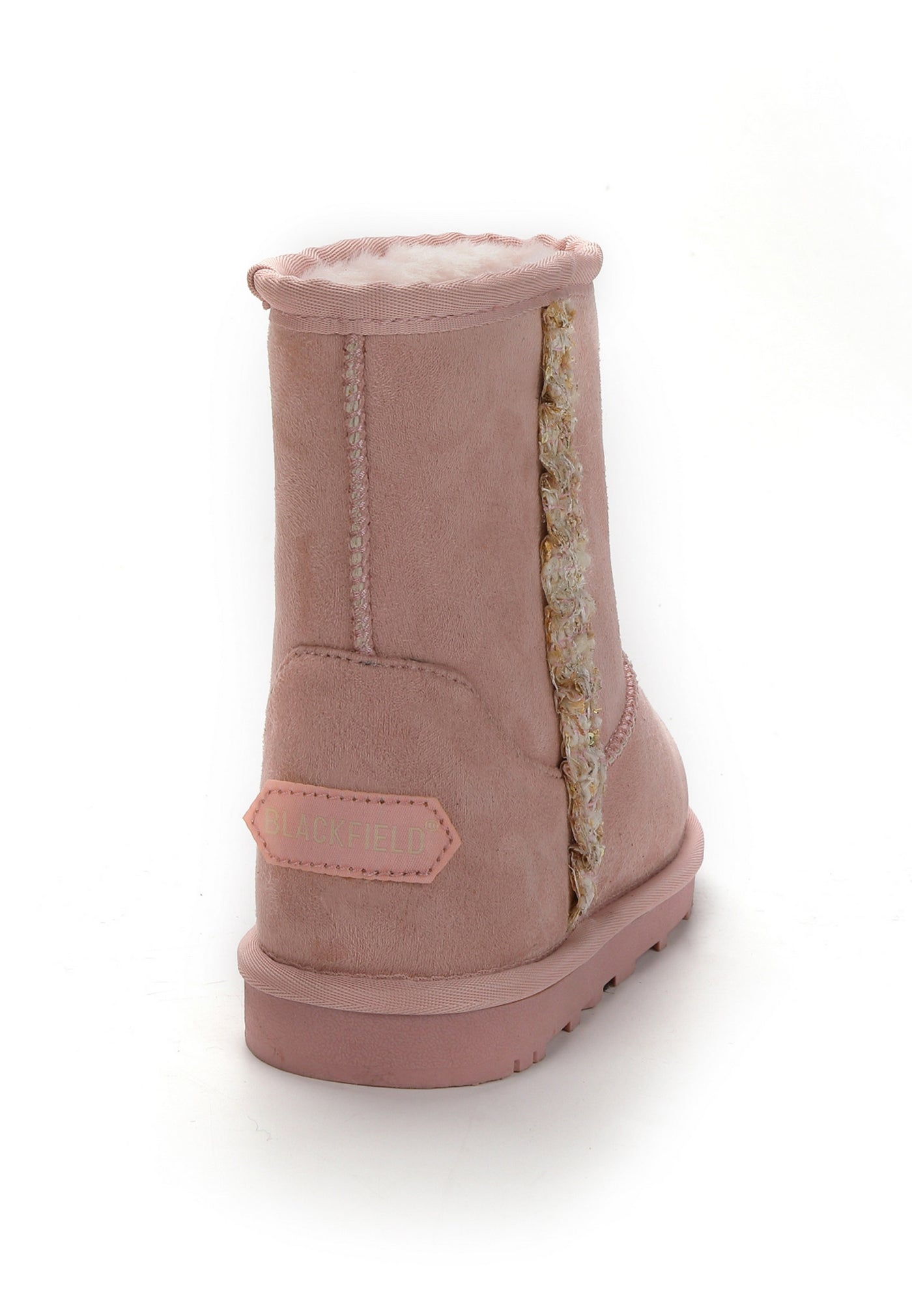 Bottine fourrée Rudia rose vue de dos, étiquette ovale au talon et semelle crantée rose