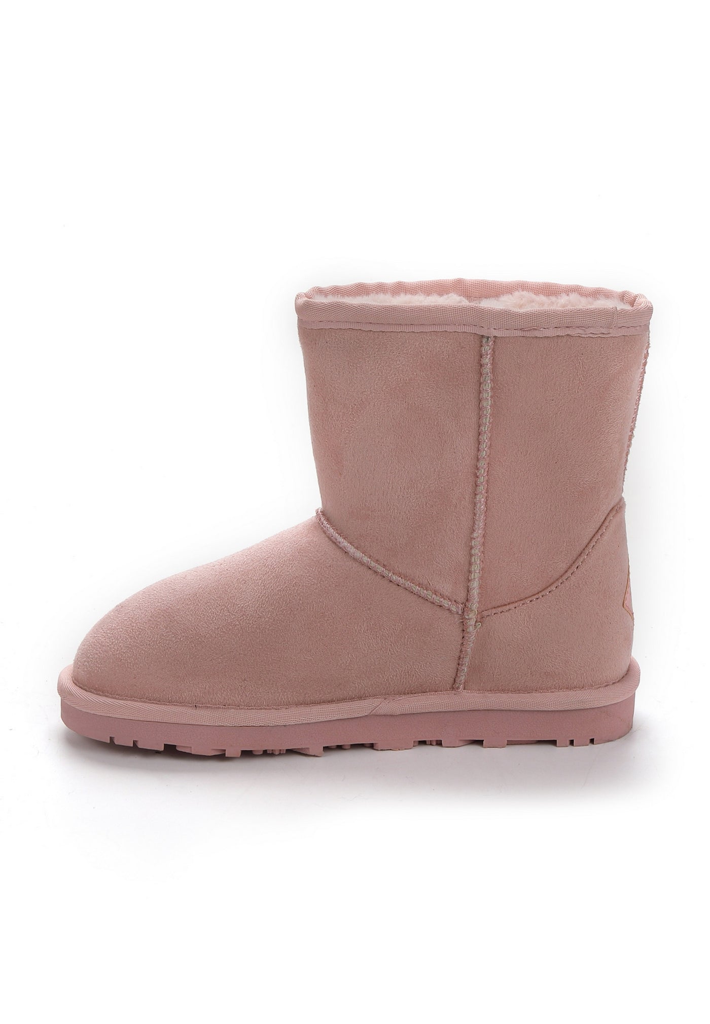 Bottine fourrée Rudia rose vue de l'autre côté, microfibre rose poudré et tige unie
