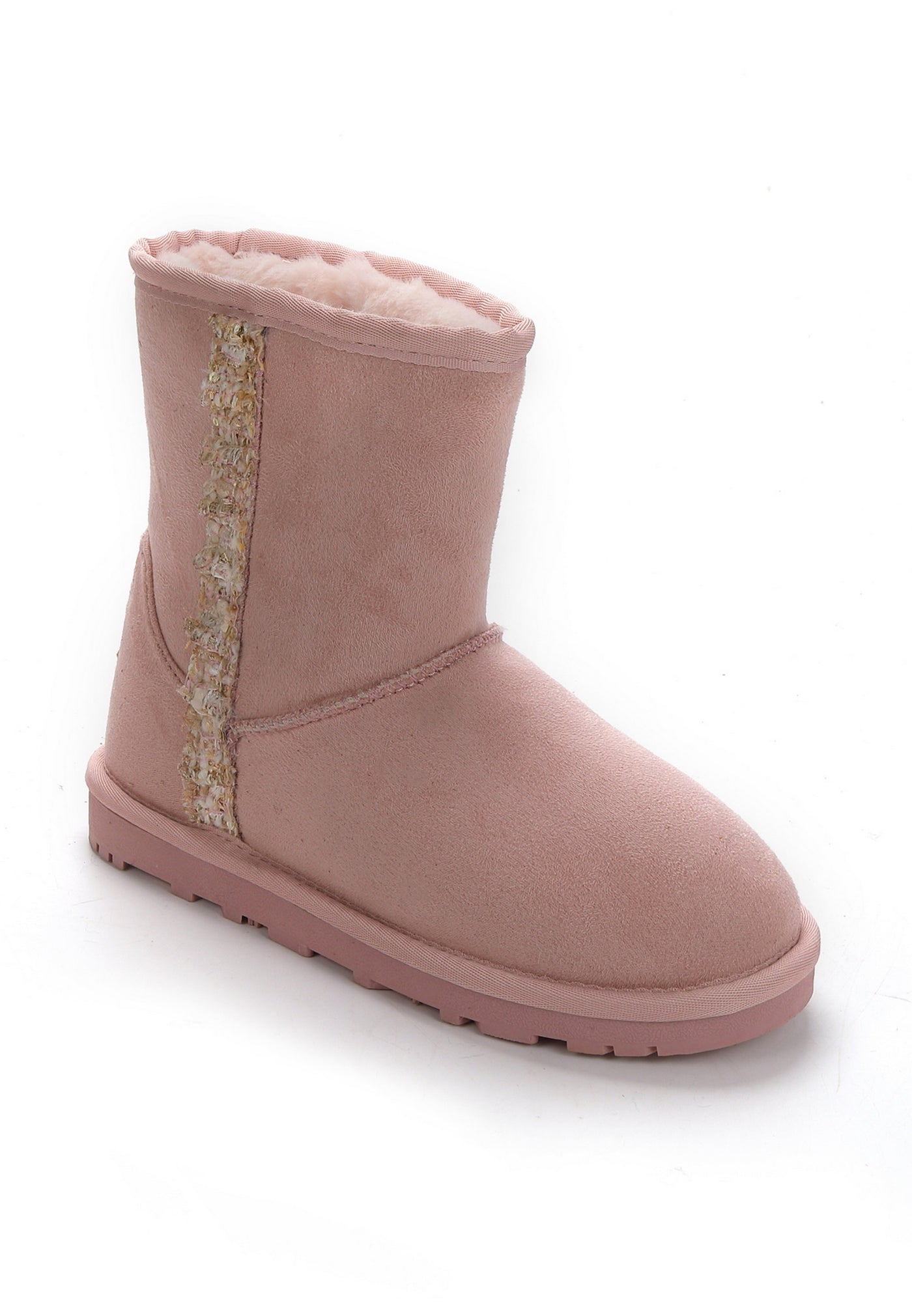 Bottine fourrée Rudia rose de trois-quarts, tweed bouclé bordant la couture latérale